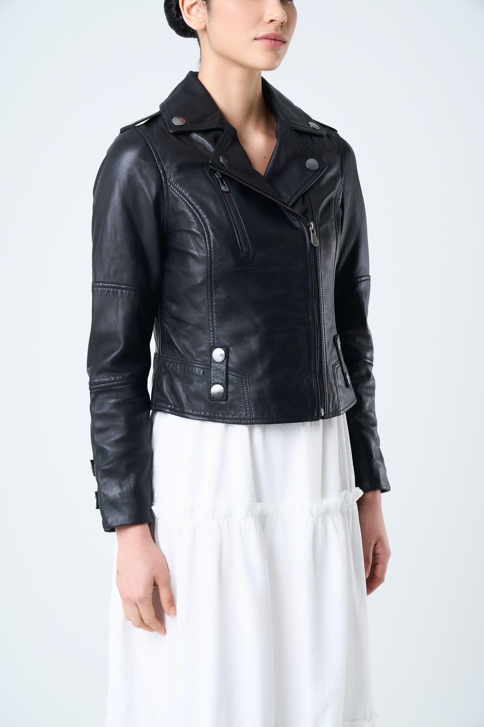 Chaqueta Biker Royal de cuero para mujer fit ajustado Negro-4