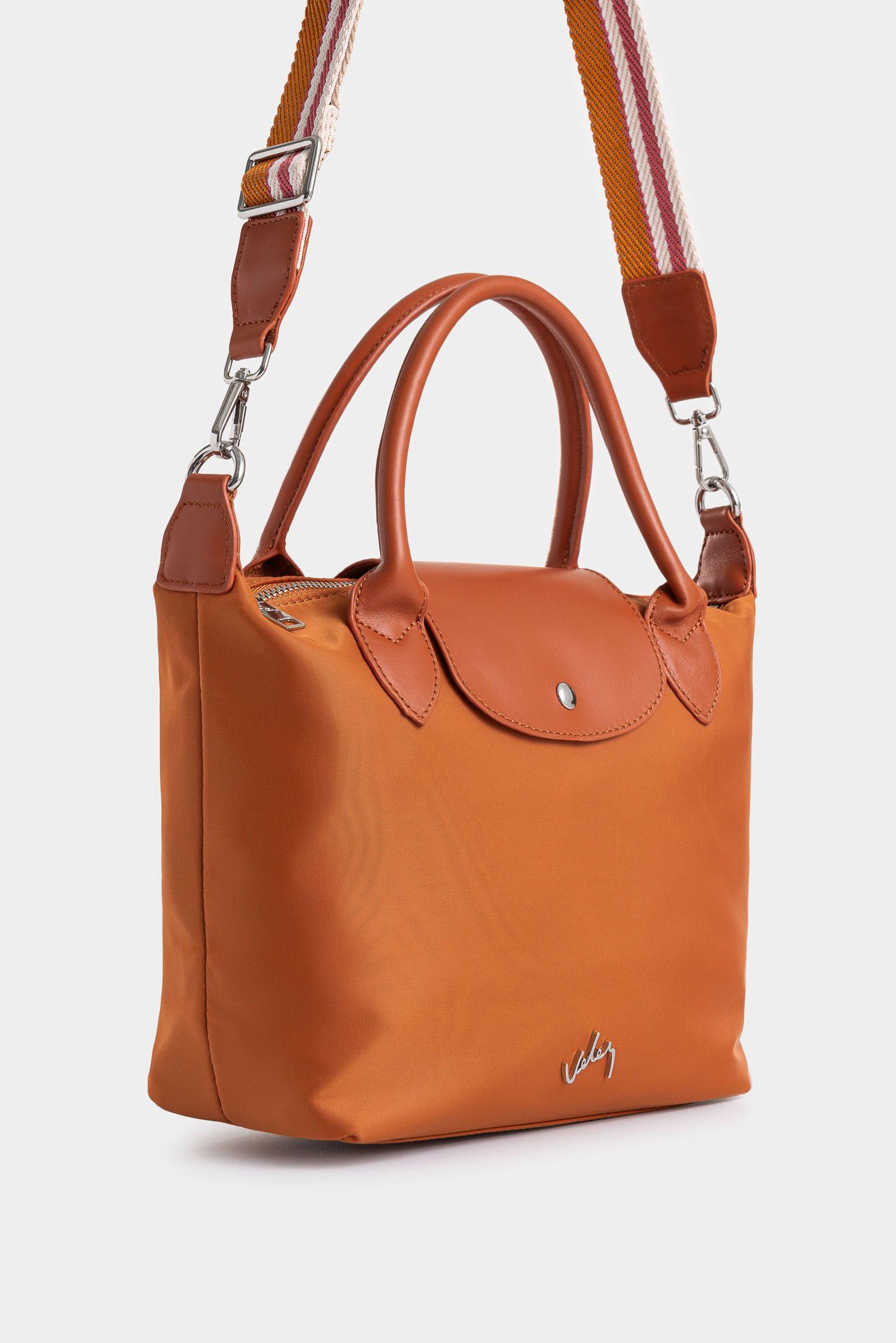 Bowling Ámbar en lona para mujer detalle cuero miel-1