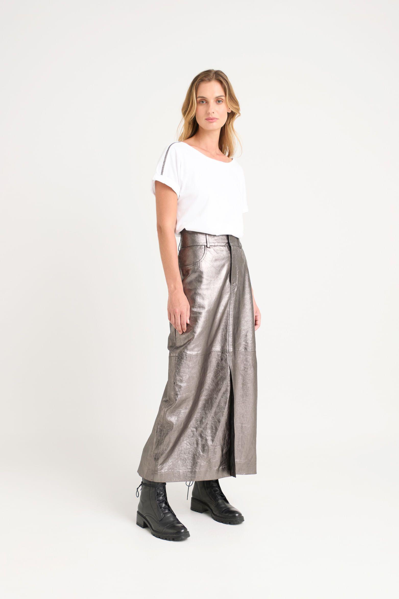 Vélez Falda Calas Cuero Gamuza Mujer Efecto Metalizado Plata-1