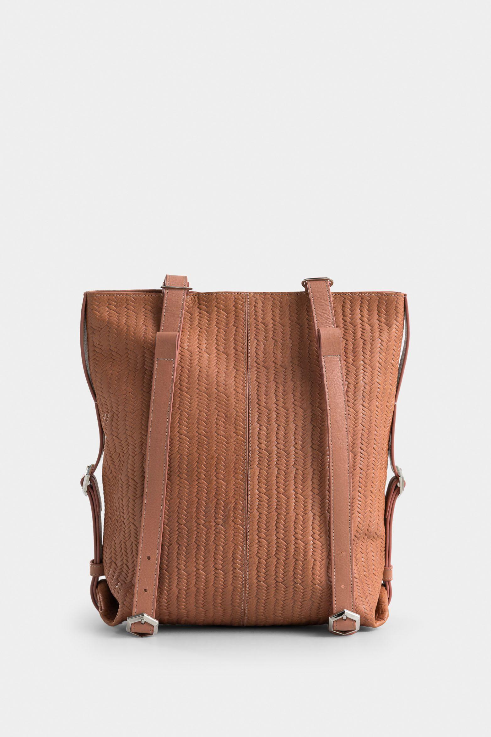 Mochila calafate de cuero para mujer grabado canasta Rosado-2