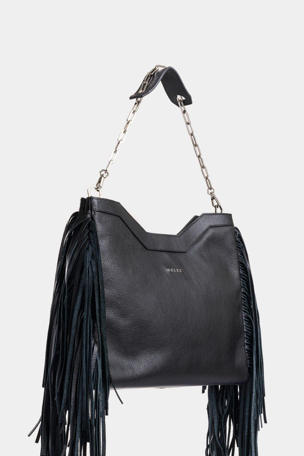 Shopping Magena mini de cuero para mujer flecos negro-1