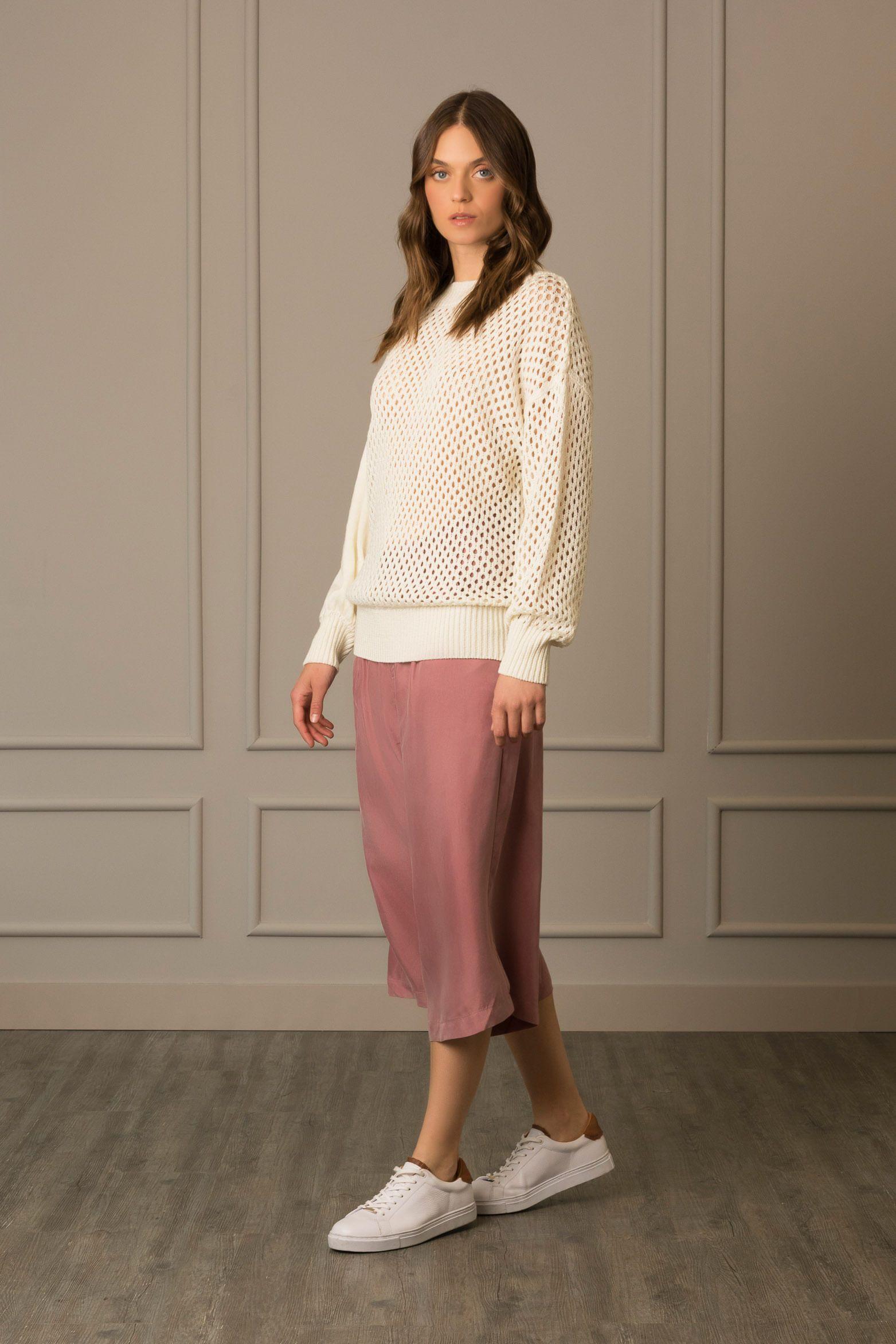 Sweater cerrado en malla para mujer ciruela Crema-3