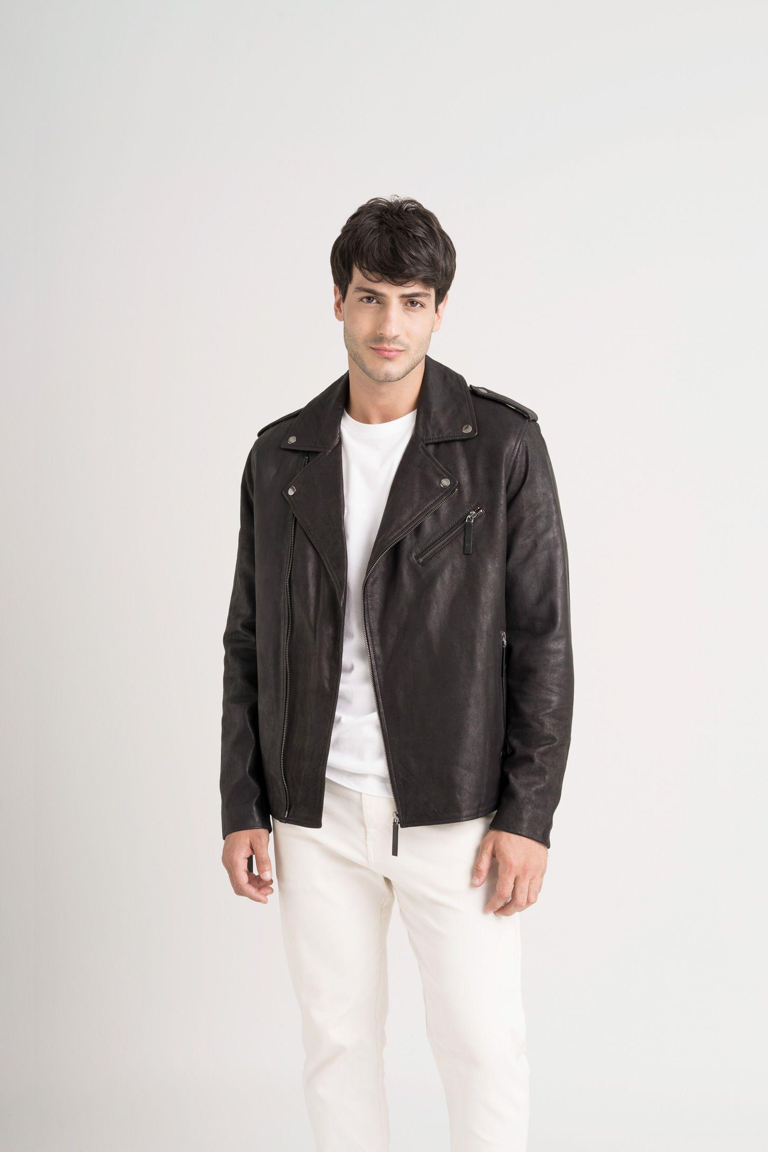 Chaqueta biker Capri de cuero para hombre semi ajustada Negro-0