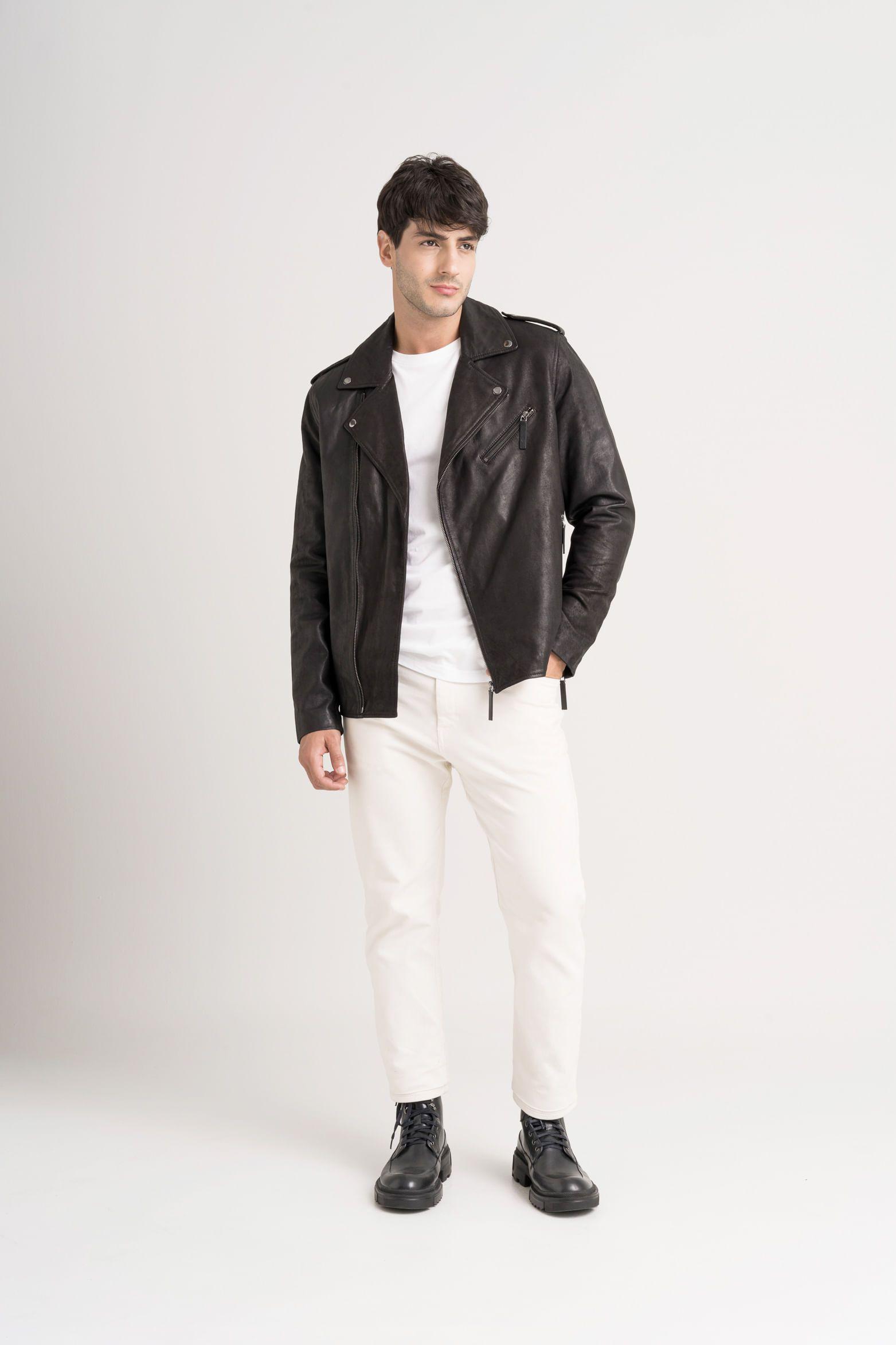 Chaqueta biker Capri de cuero para hombre semi ajustada Negro-1