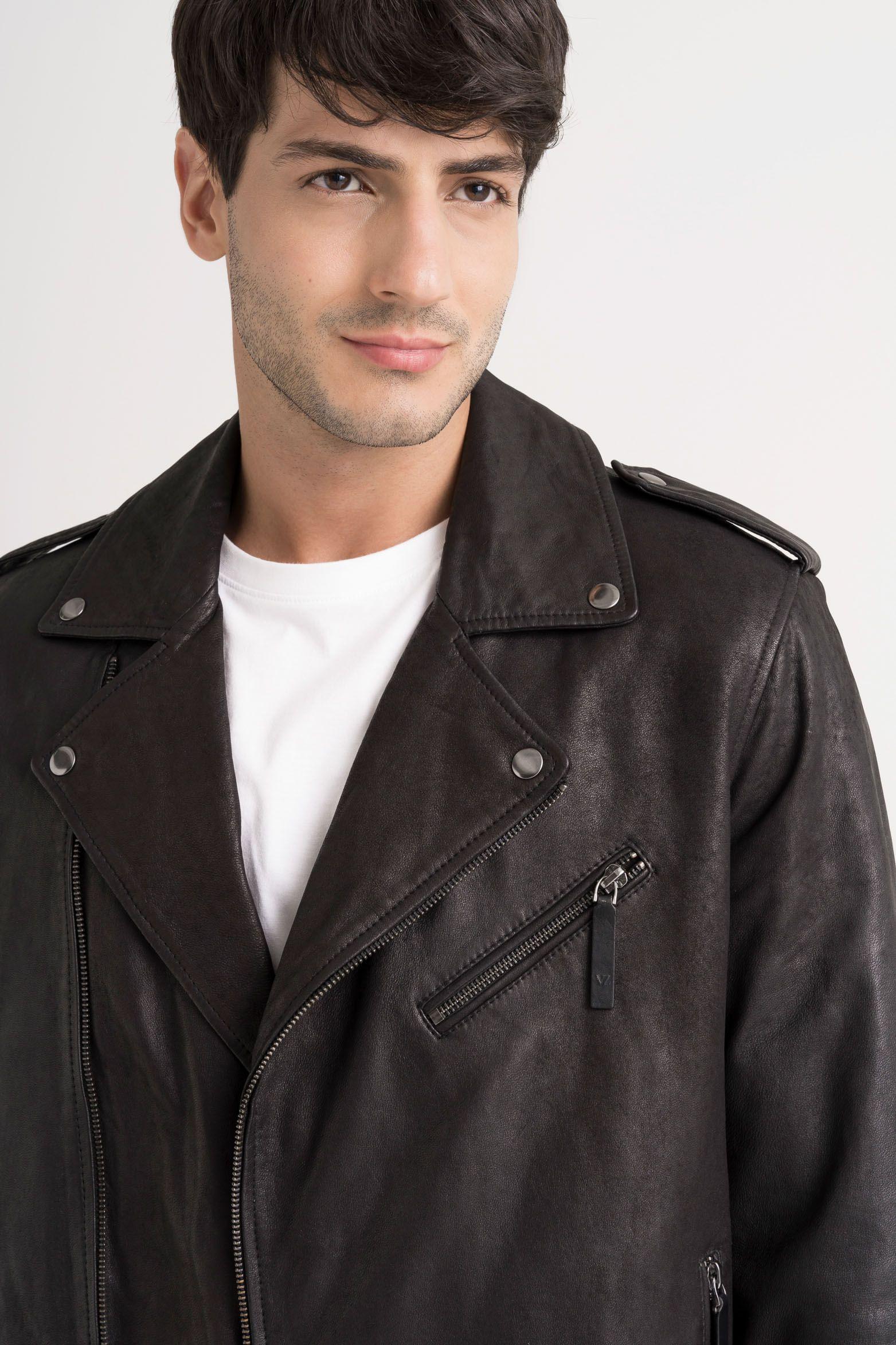 Chaqueta biker Capri de cuero para hombre semi ajustada Negro-2