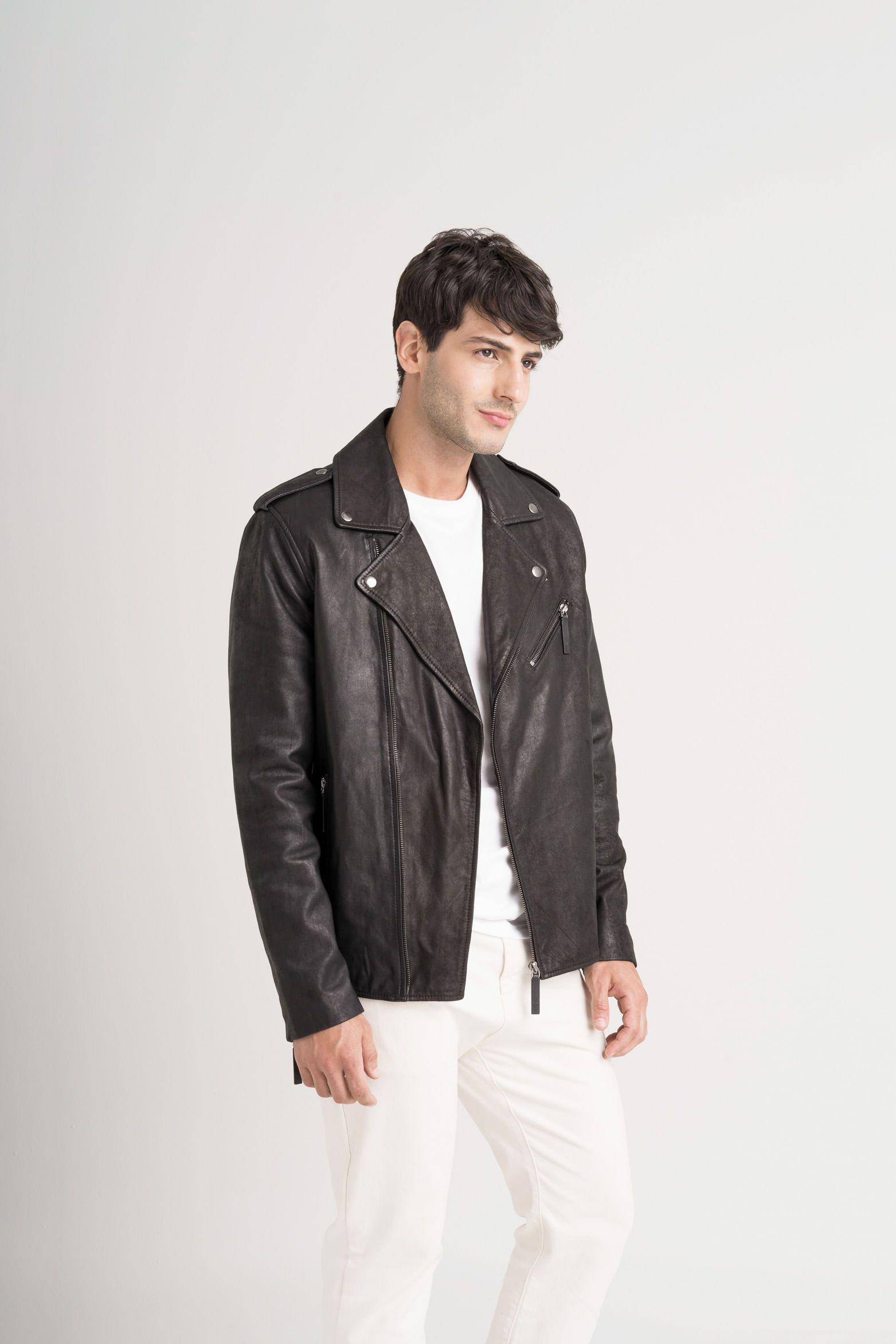 Chaqueta biker Capri de cuero para hombre semi ajustada Negro-3