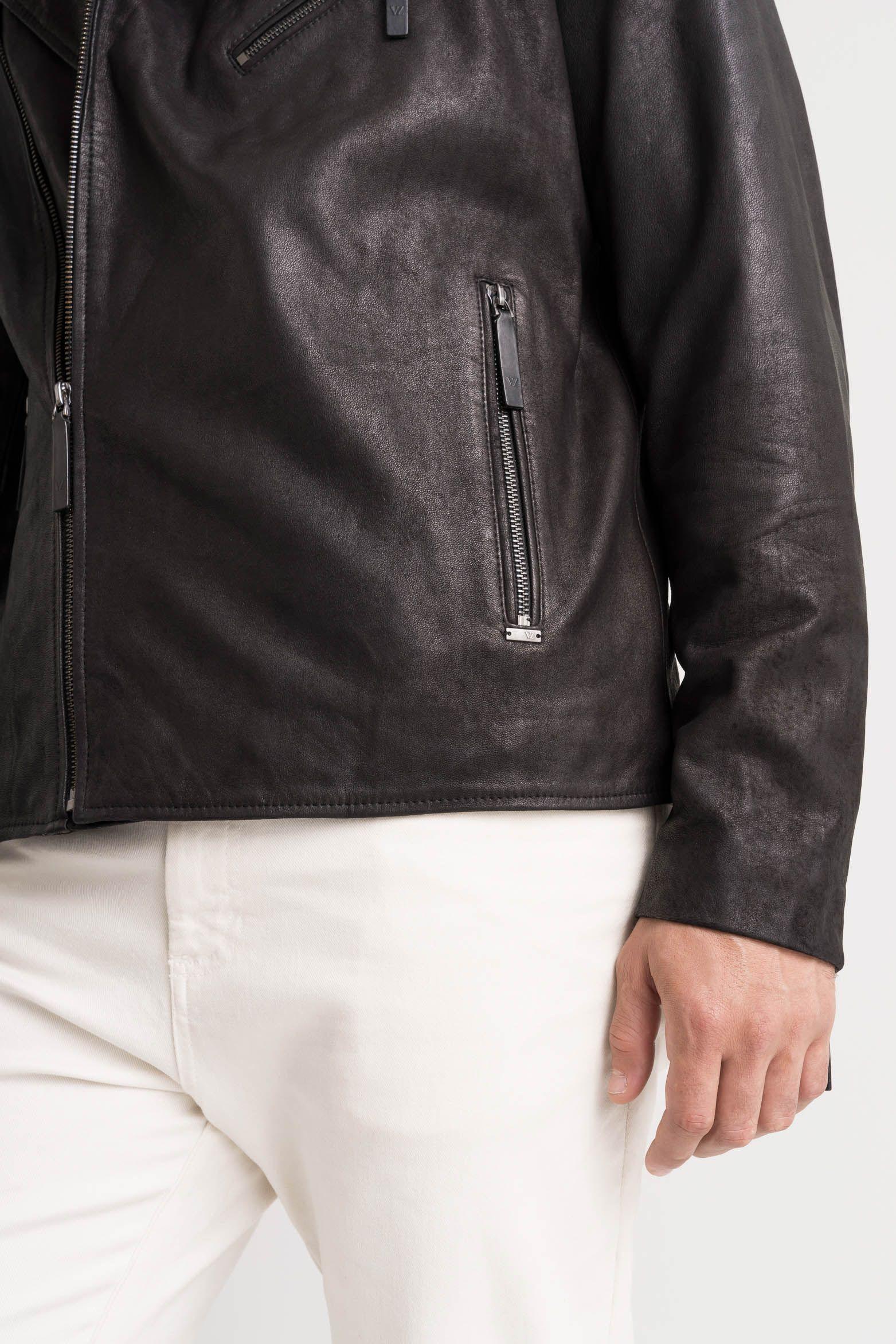 Chaqueta biker Capri de cuero para hombre semi ajustada Negro-4