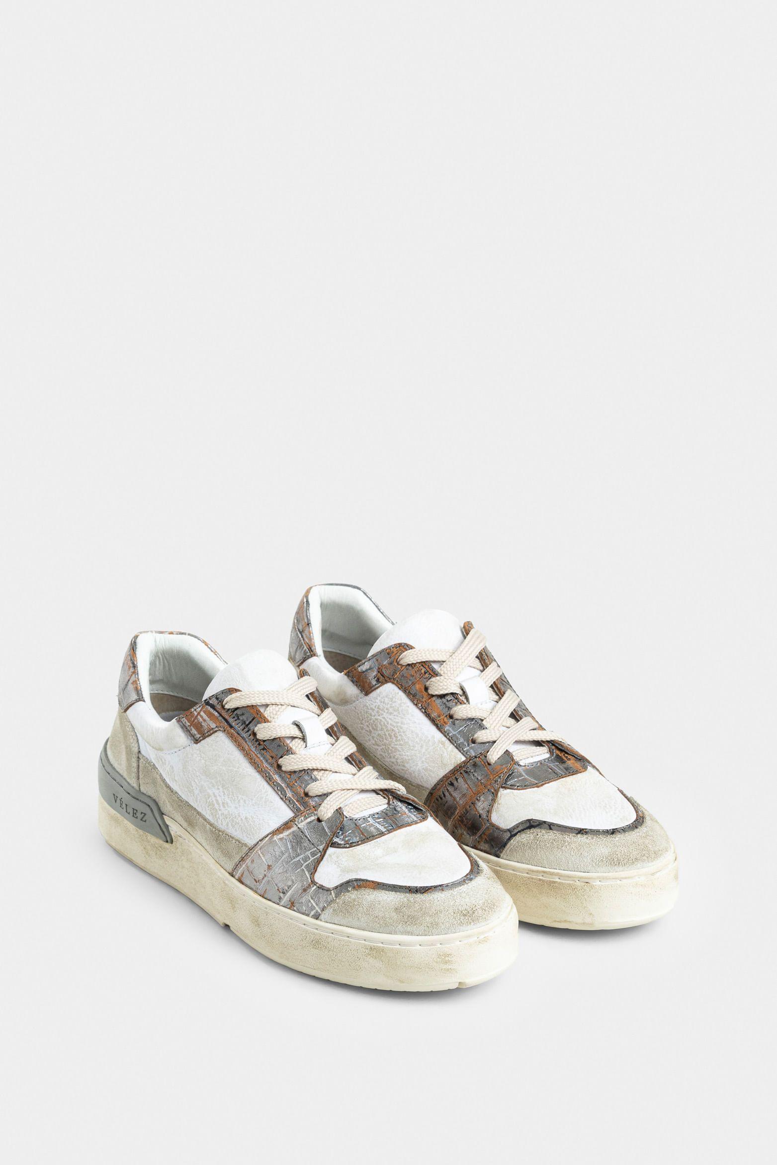 Tenis caja Umbra de cuero para mujer detalle folia blanco-1