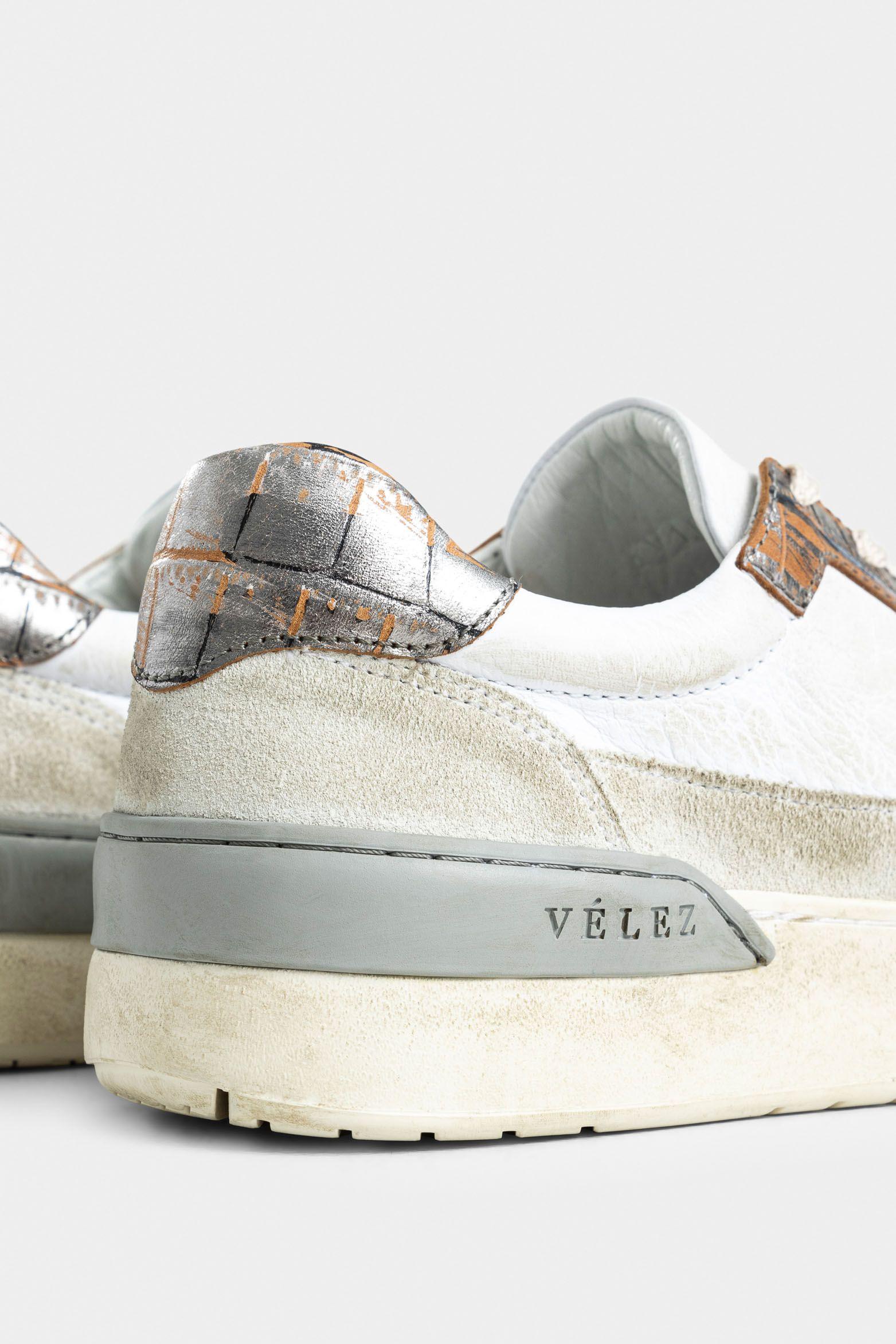 Tenis caja Umbra de cuero para mujer detalle folia blanco-4