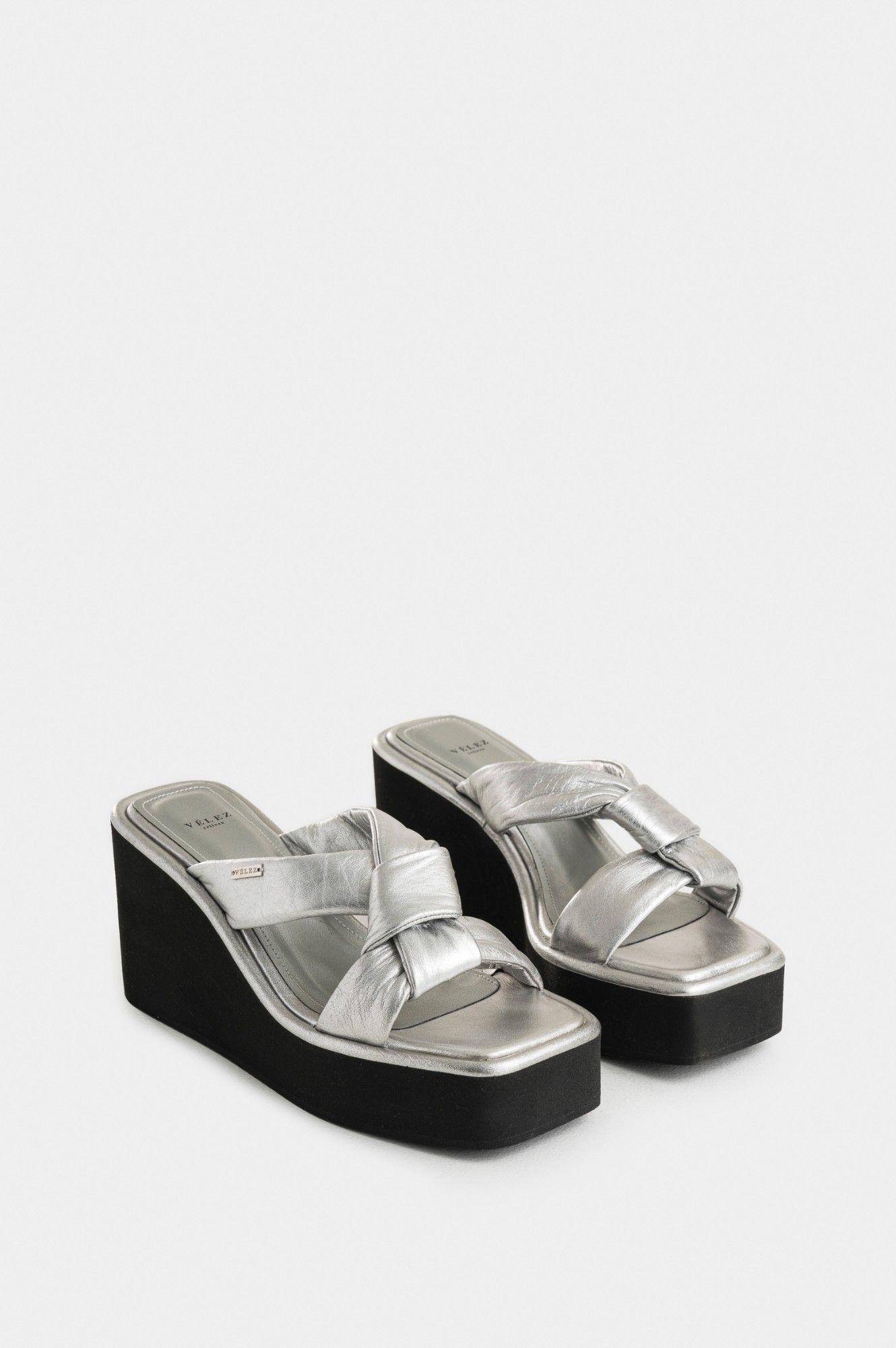 Vélez Sandalia Plataforma Resplandor Cuero Mujer Plata-1