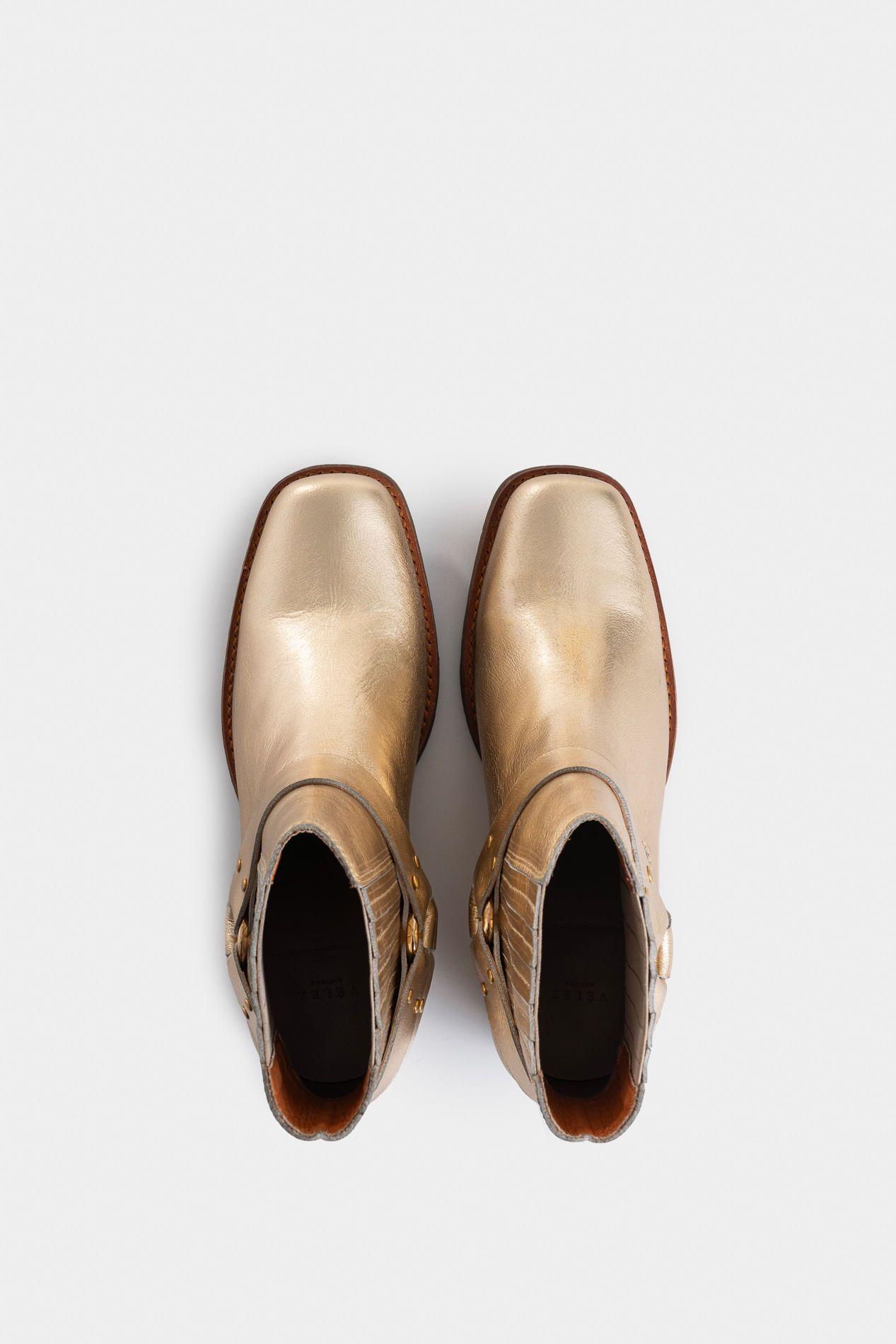 Vélez Botines Texanos Cuero Folia Mujer Dima Cuadrada Dorado-3