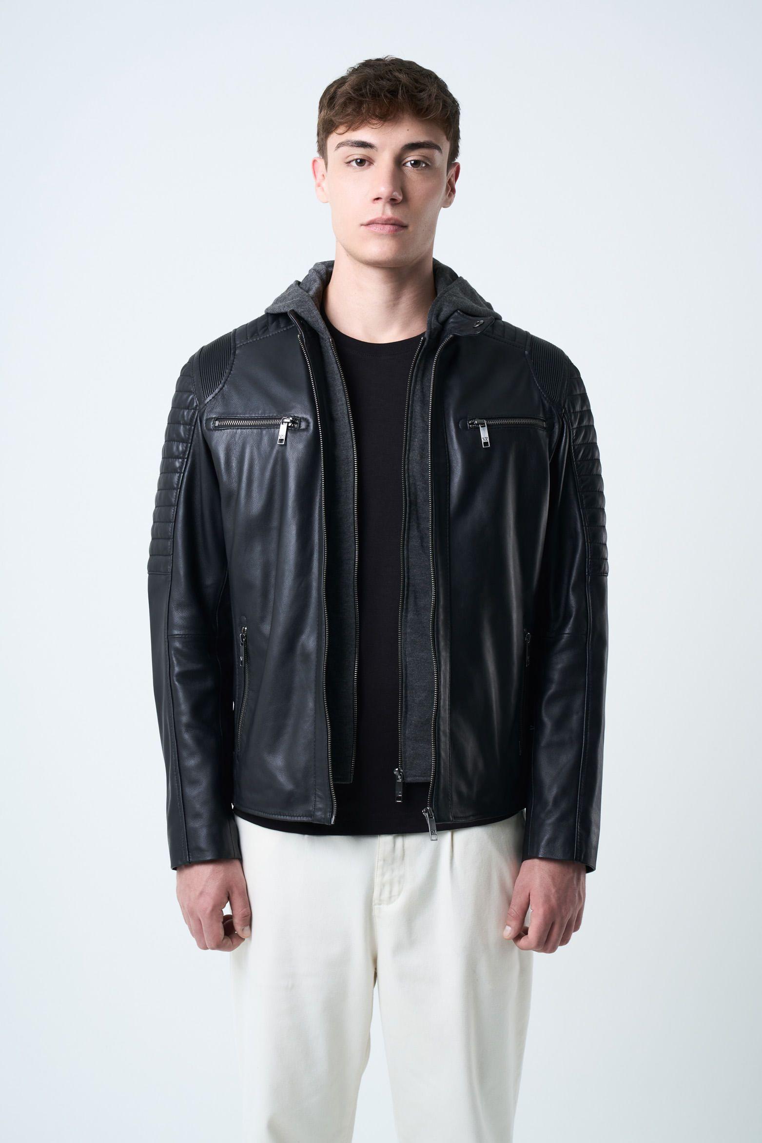 Vélez Chaqueta Belmont Cuero Hombre Capucha Y Pechera Negro-0