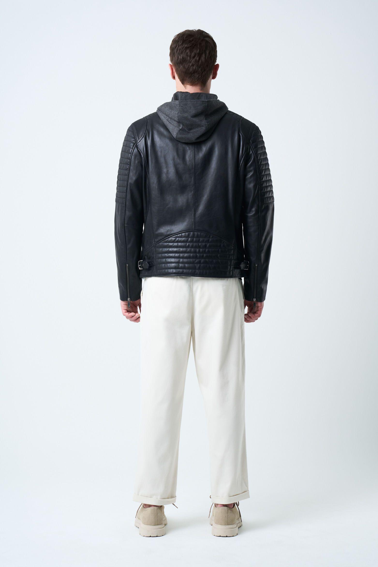 Vélez Chaqueta Belmont Cuero Hombre Capucha Y Pechera Negro-2