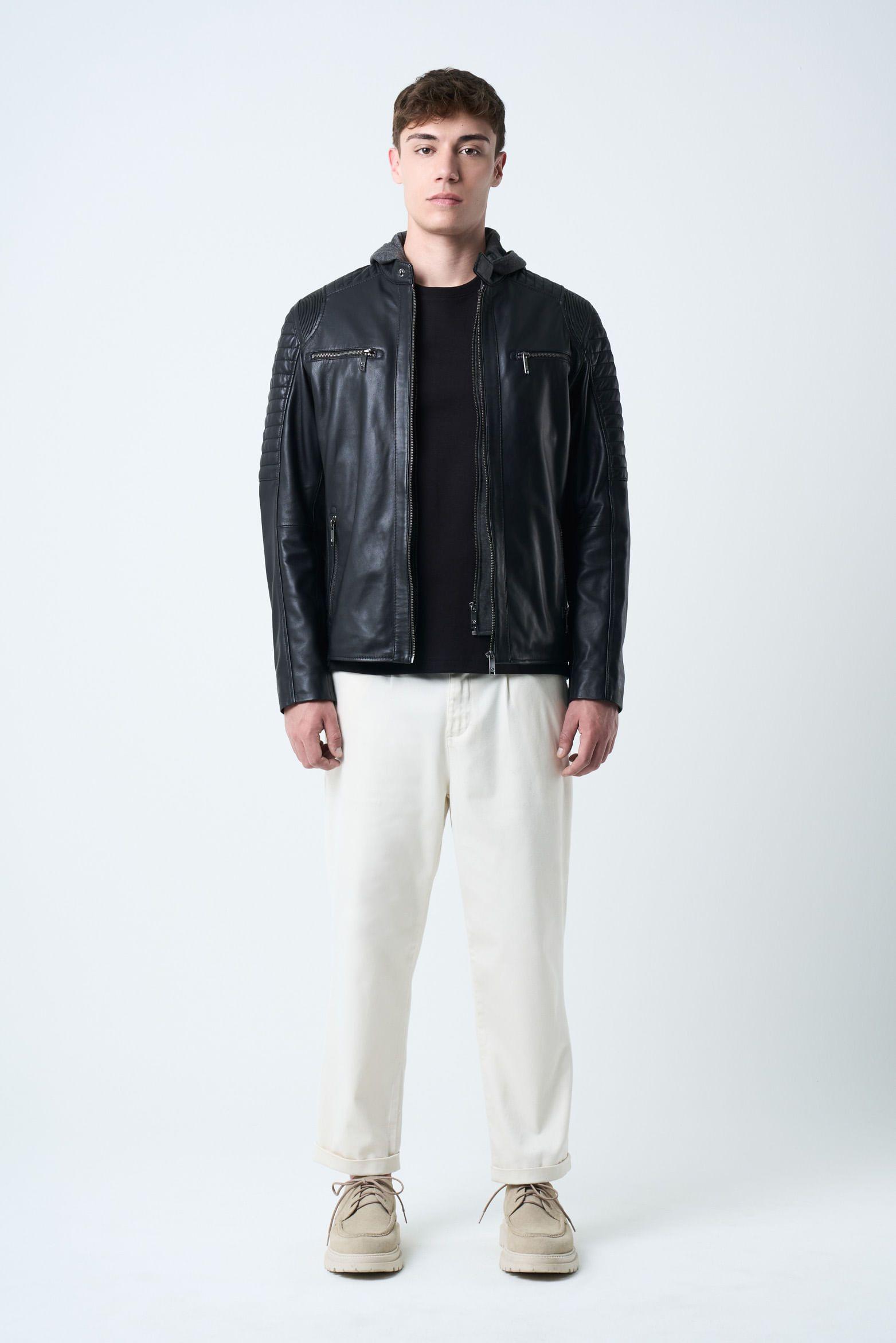 Vélez Chaqueta Belmont Cuero Hombre Capucha Y Pechera Negro-3