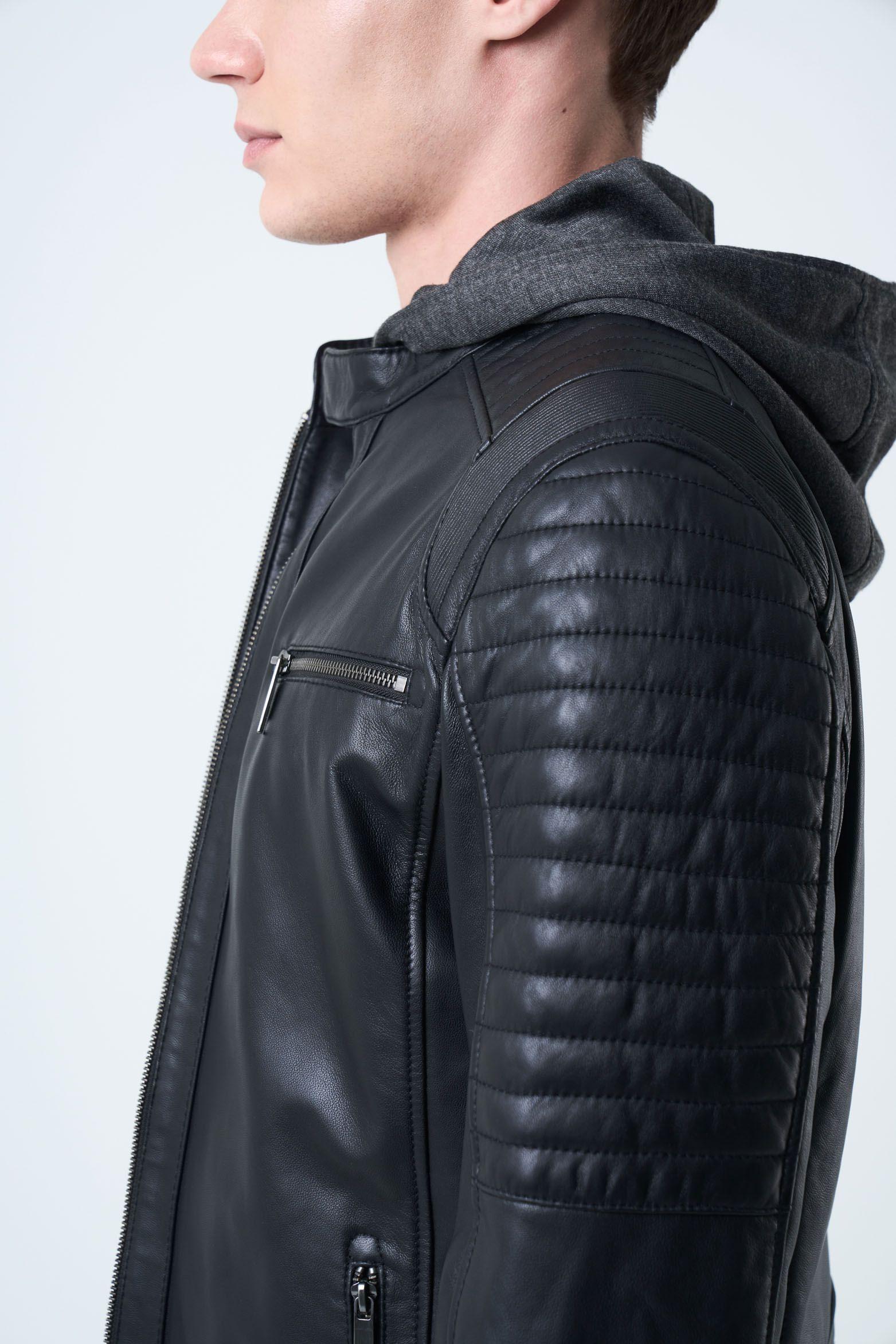 Vélez Chaqueta Belmont Cuero Hombre Capucha Y Pechera Negro-4