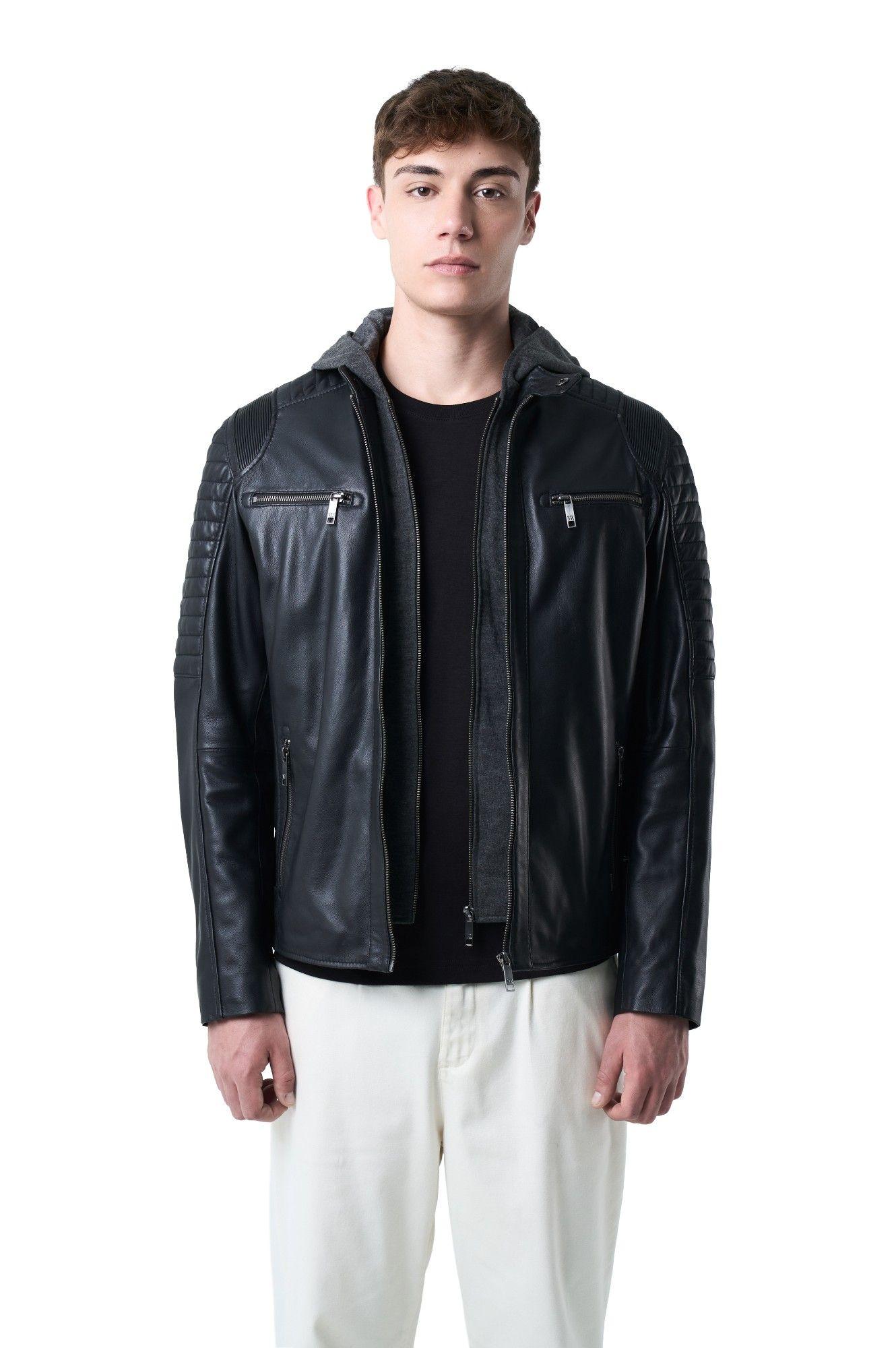 Vélez Chaqueta Belmont Cuero Hombre Capucha Y Pechera Negro-1