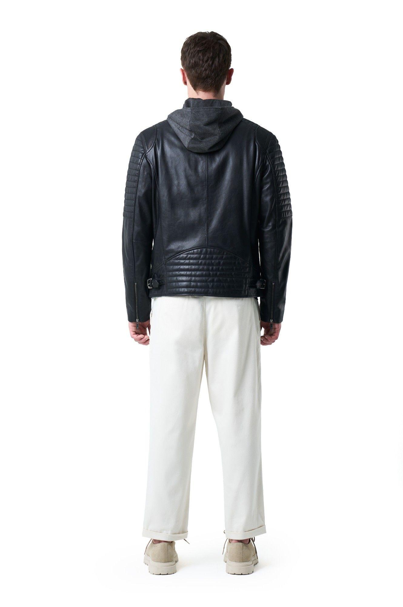 Vélez Chaqueta Belmont Cuero Hombre Capucha Y Pechera Negro-5