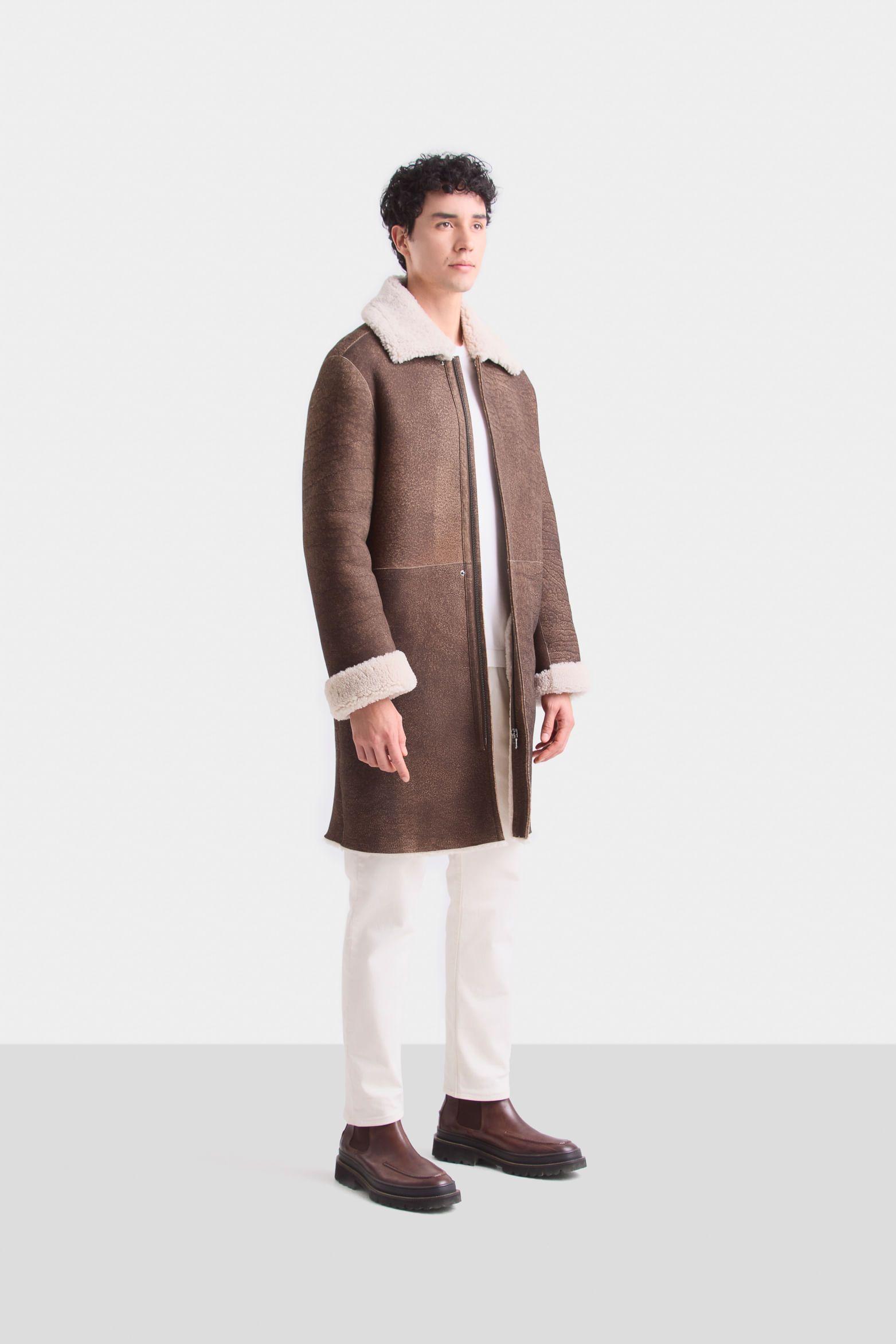 Long coat de cuero para hombre cierre interno Cafe-2