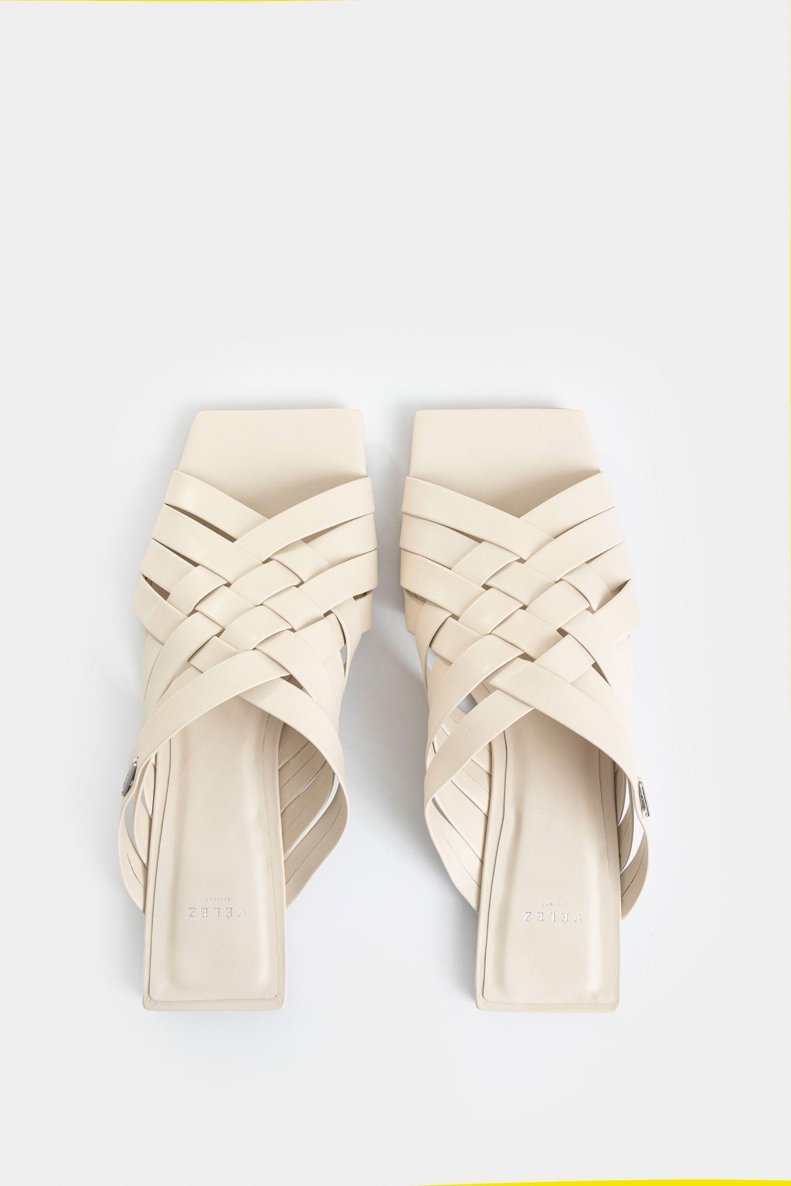 Vélez Sandalia Plana Anastasia De Cuero Mujer Tejida Blanco-3