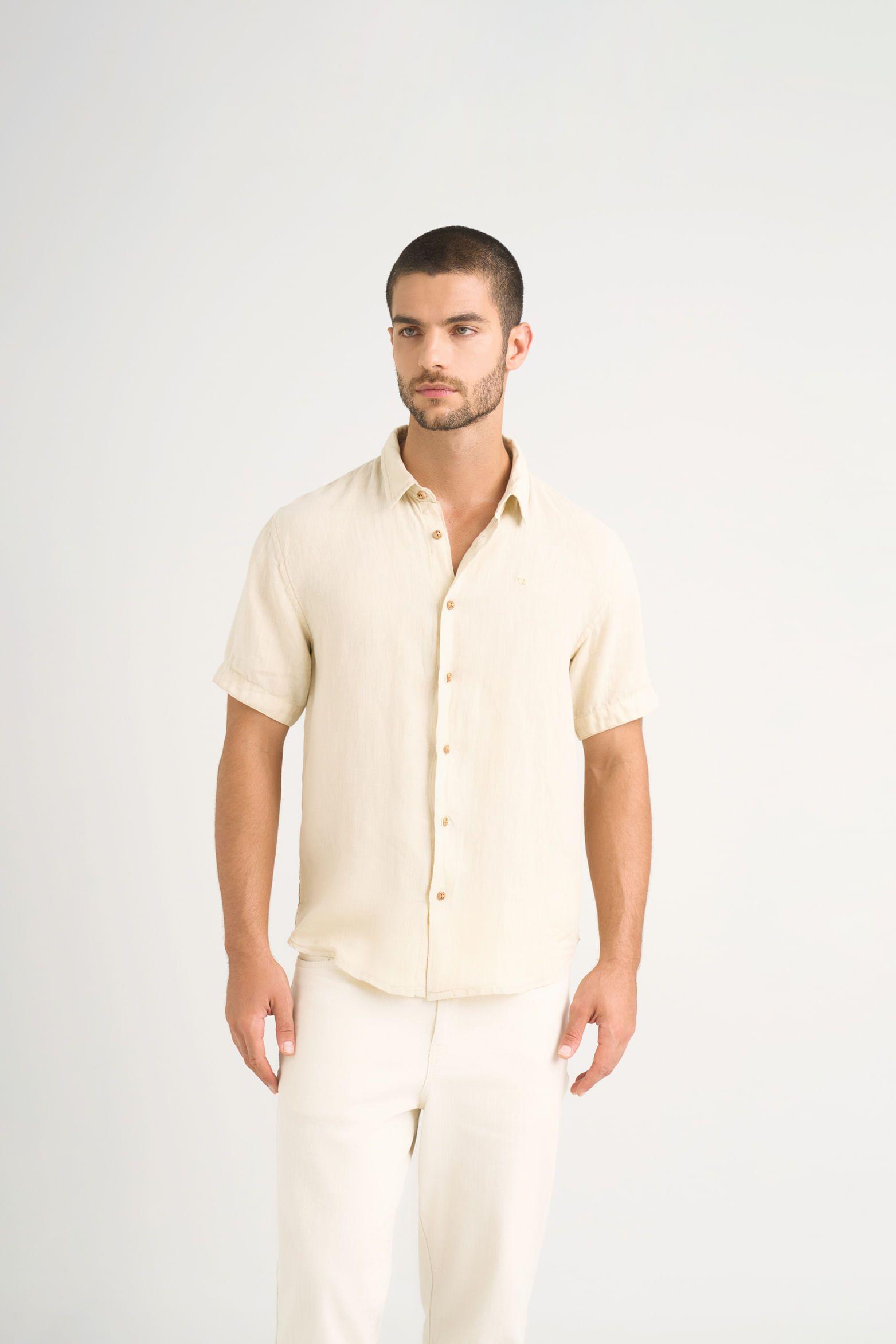 Camisa manga corta lino para hombre bordado vz arena-0