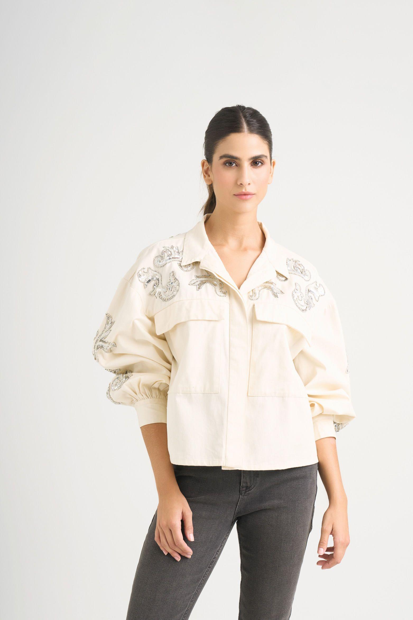 Chaqueta calas en tejido plano para mujer silueta cropped blanco-0