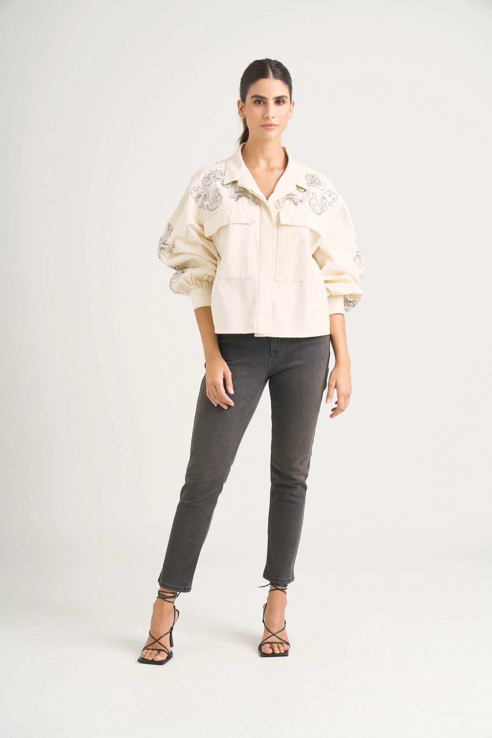 Chaqueta calas en tejido plano para mujer silueta cropped blanco-1