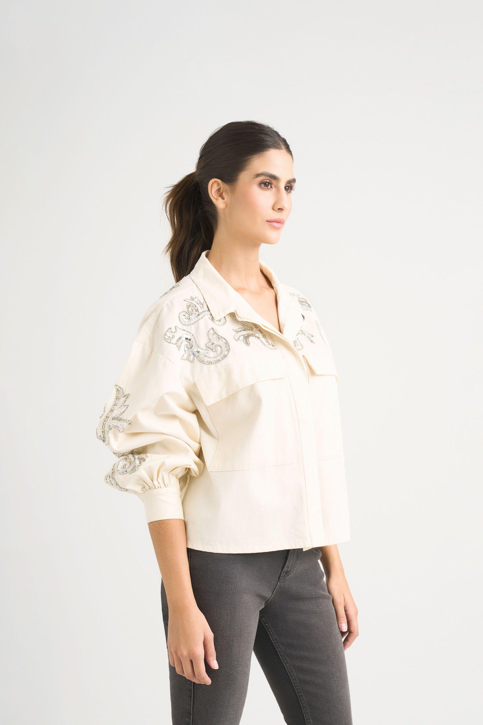 Chaqueta calas en tejido plano para mujer silueta cropped blanco-3