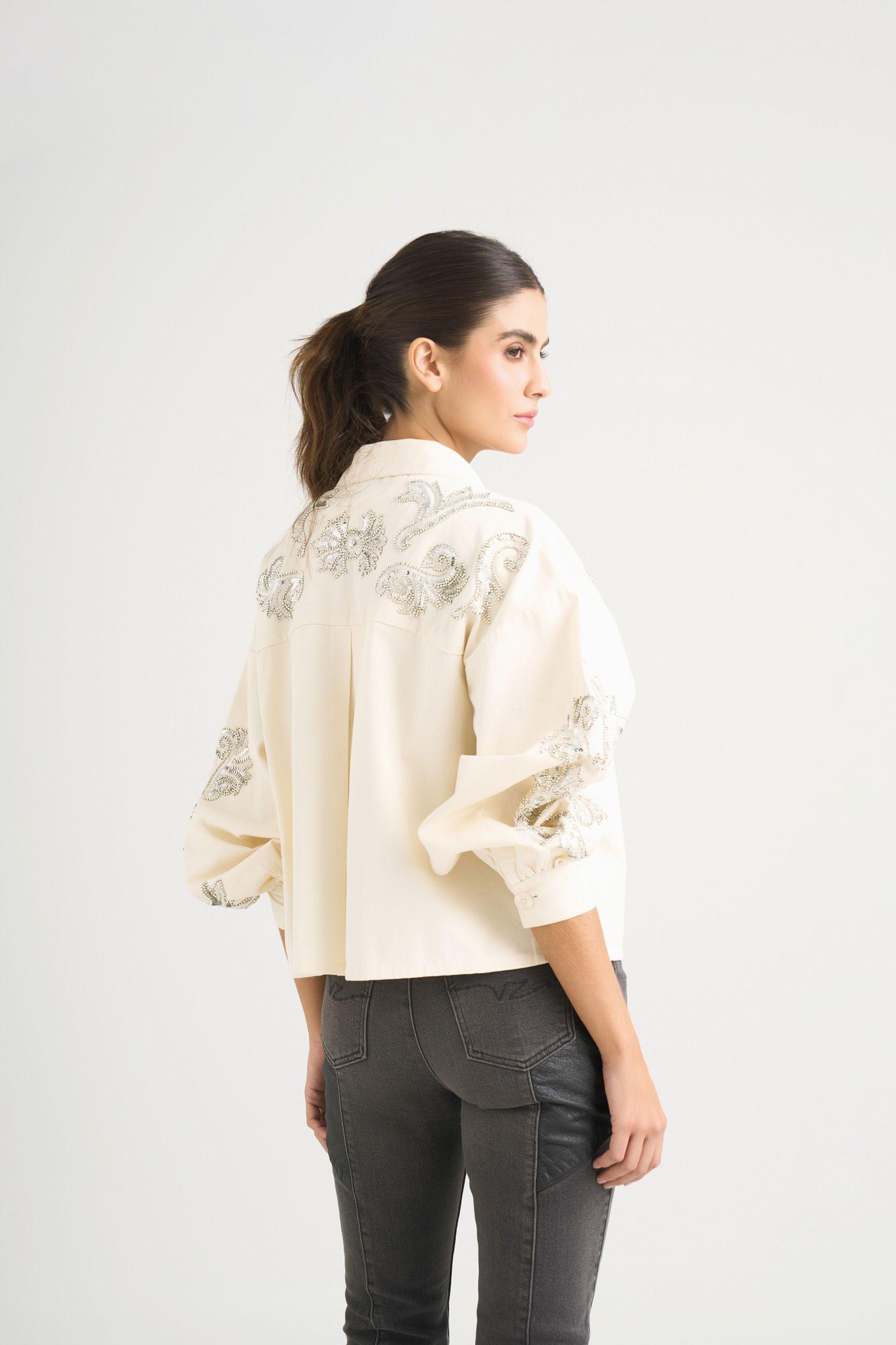 Chaqueta calas en tejido plano para mujer silueta cropped blanco-5