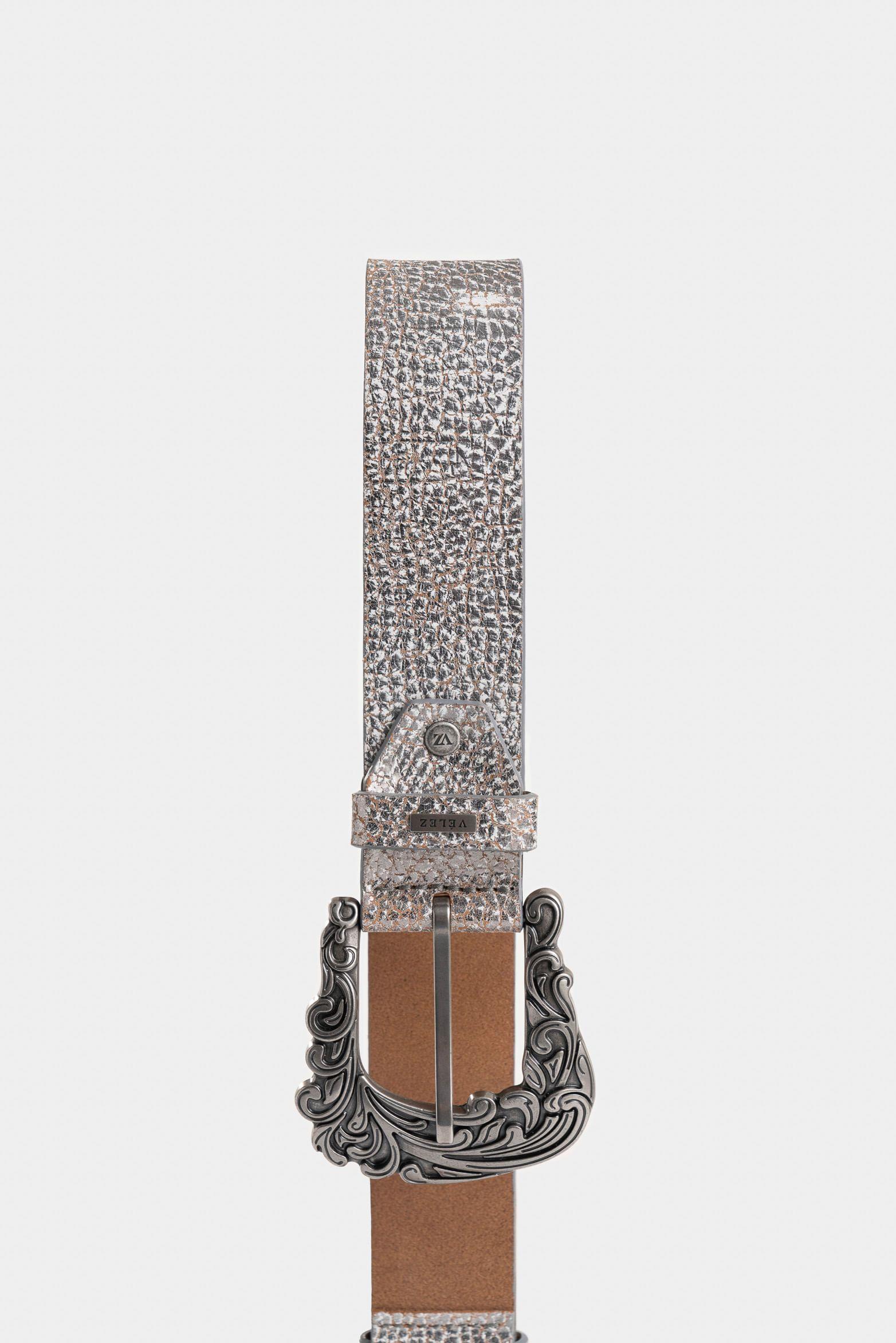 Cinturón unifaz Eyra de cuero folia para mujer efecto craquelado plata-1