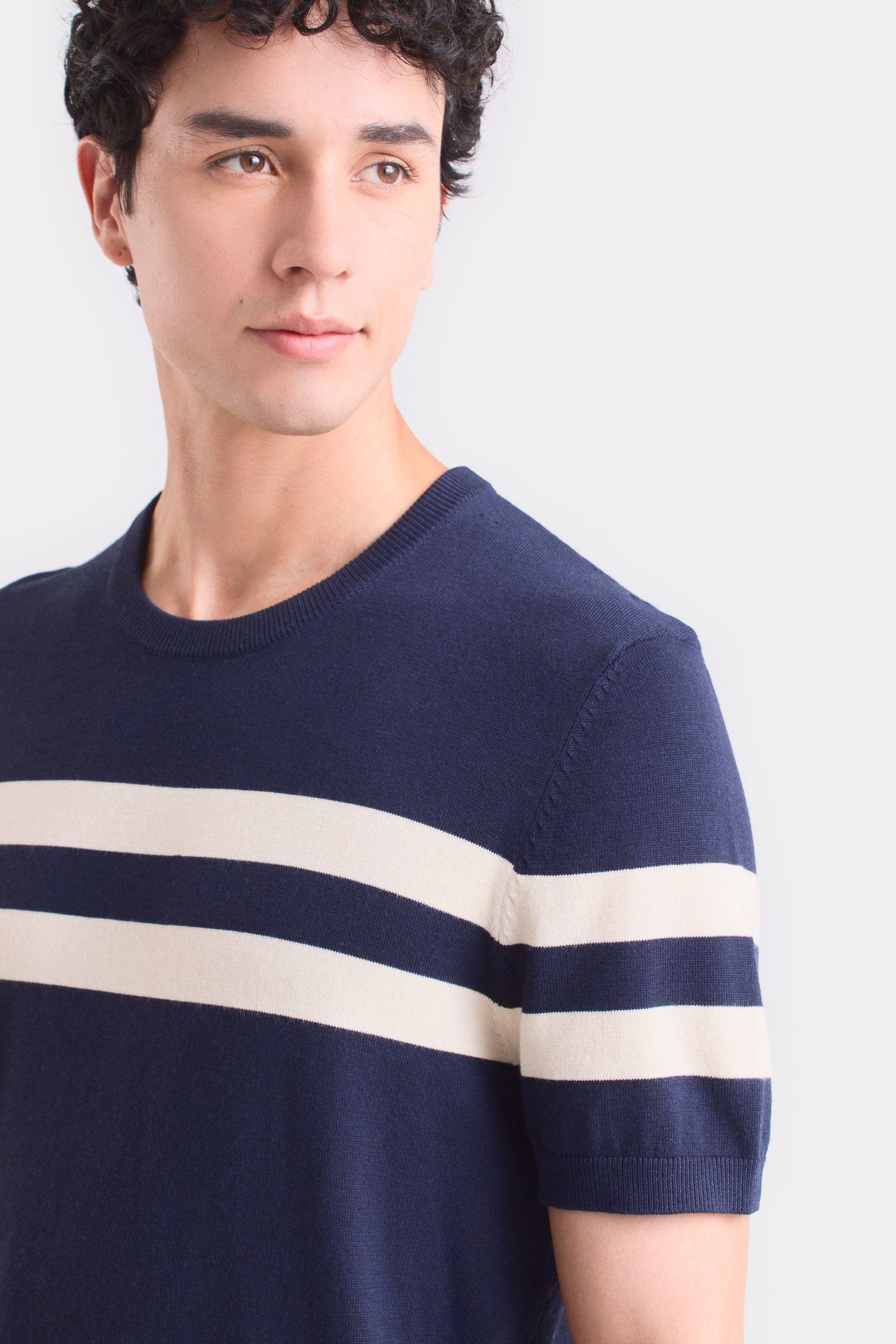 Polera franjas 2 tejida para hombre manga corta Azul Oscuro-1