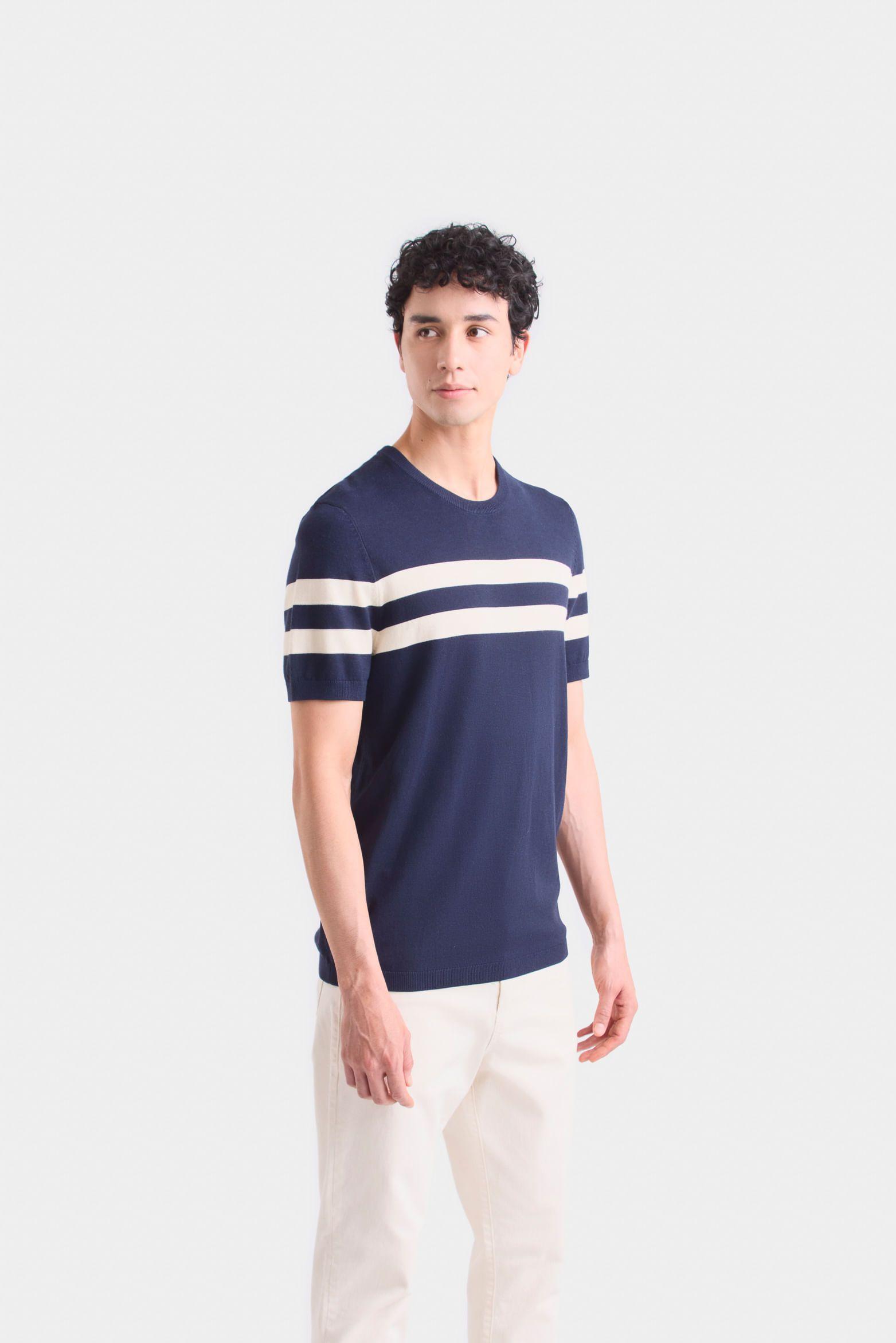 Polera franjas 2 tejida para hombre manga corta Azul Oscuro-2