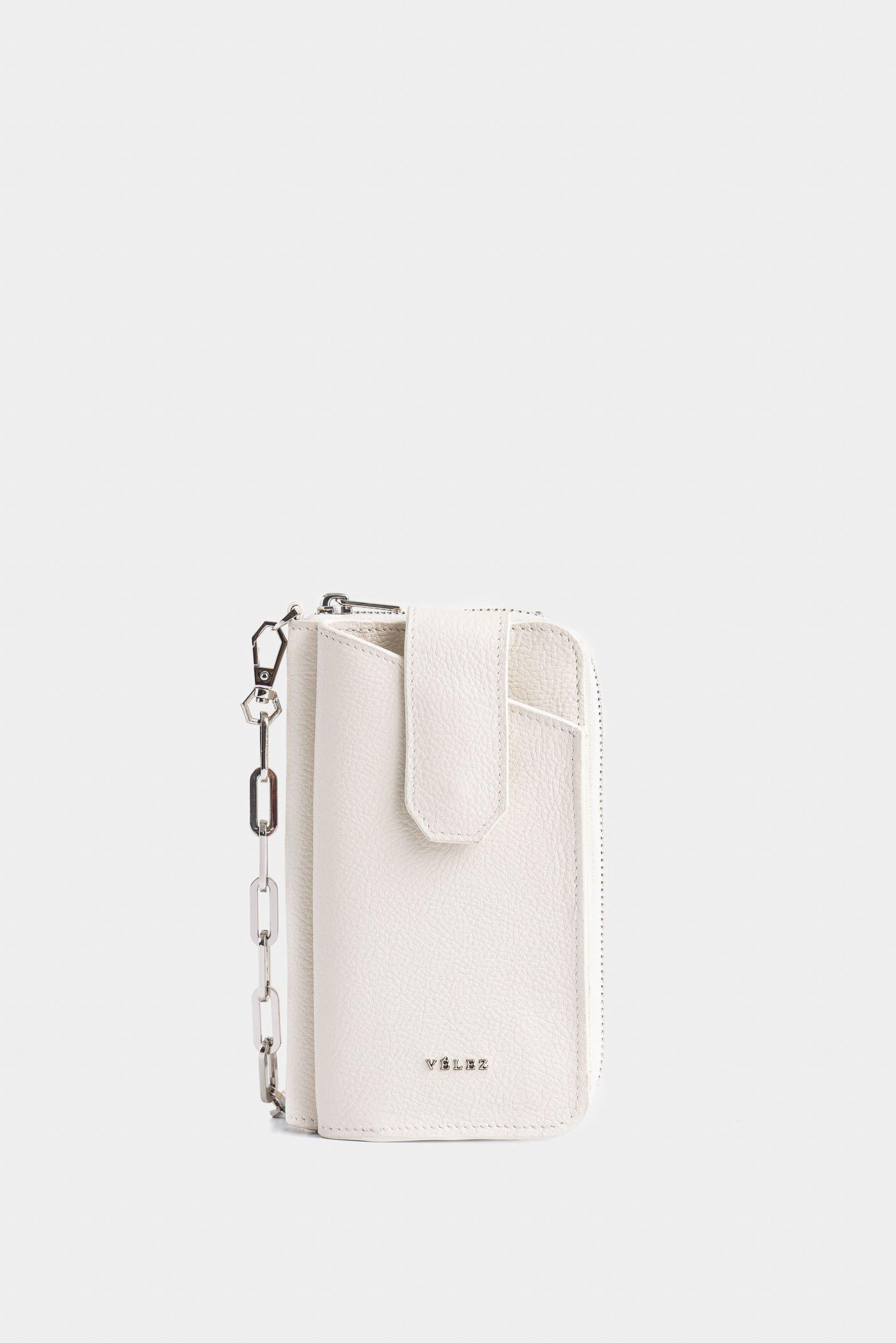 Porta chequera Ibiza de cuero para mujer cadena removible blanco-0