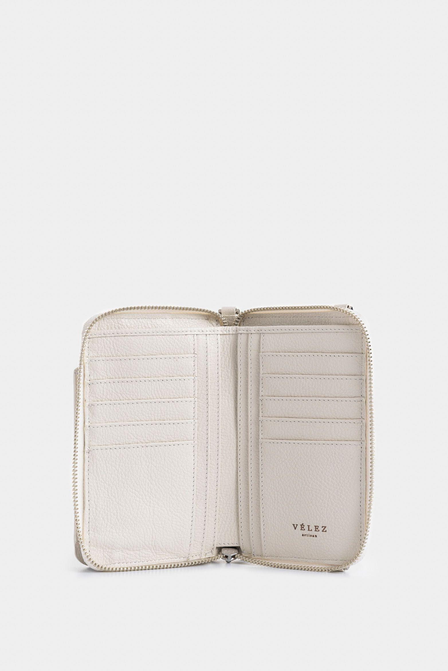 Porta chequera Ibiza de cuero para mujer cadena removible blanco-1