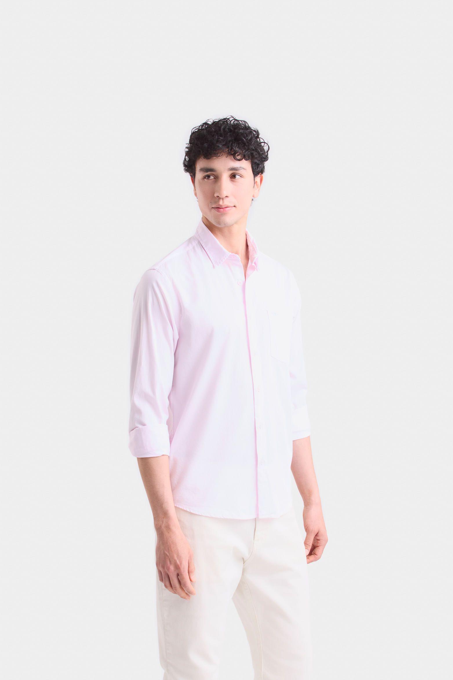Camisa manga larga popelina para hombre cuello camisero clásico Rosado-2