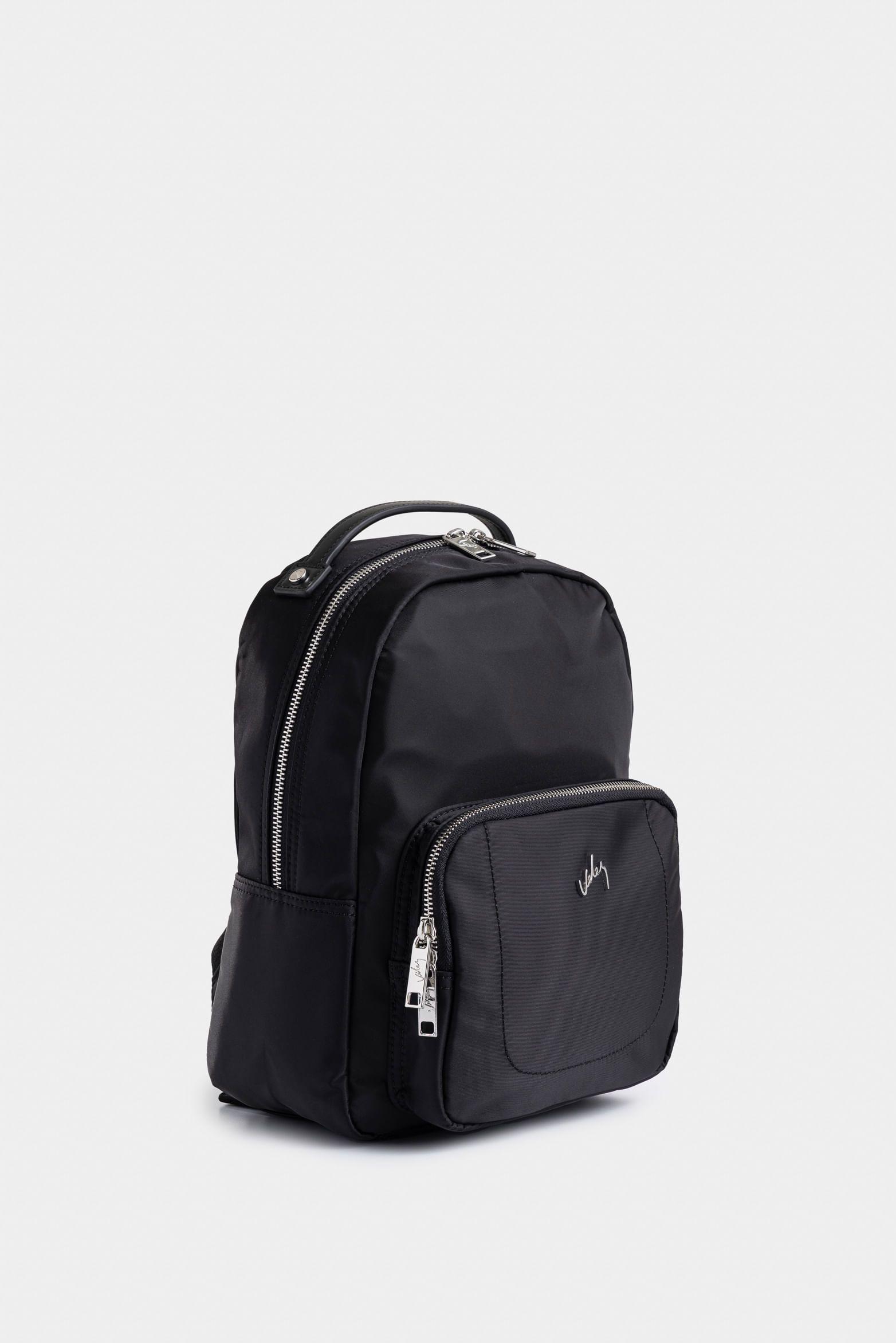 Mochila Púrpura pequeño de lona para mujer manija cuero Negro-1