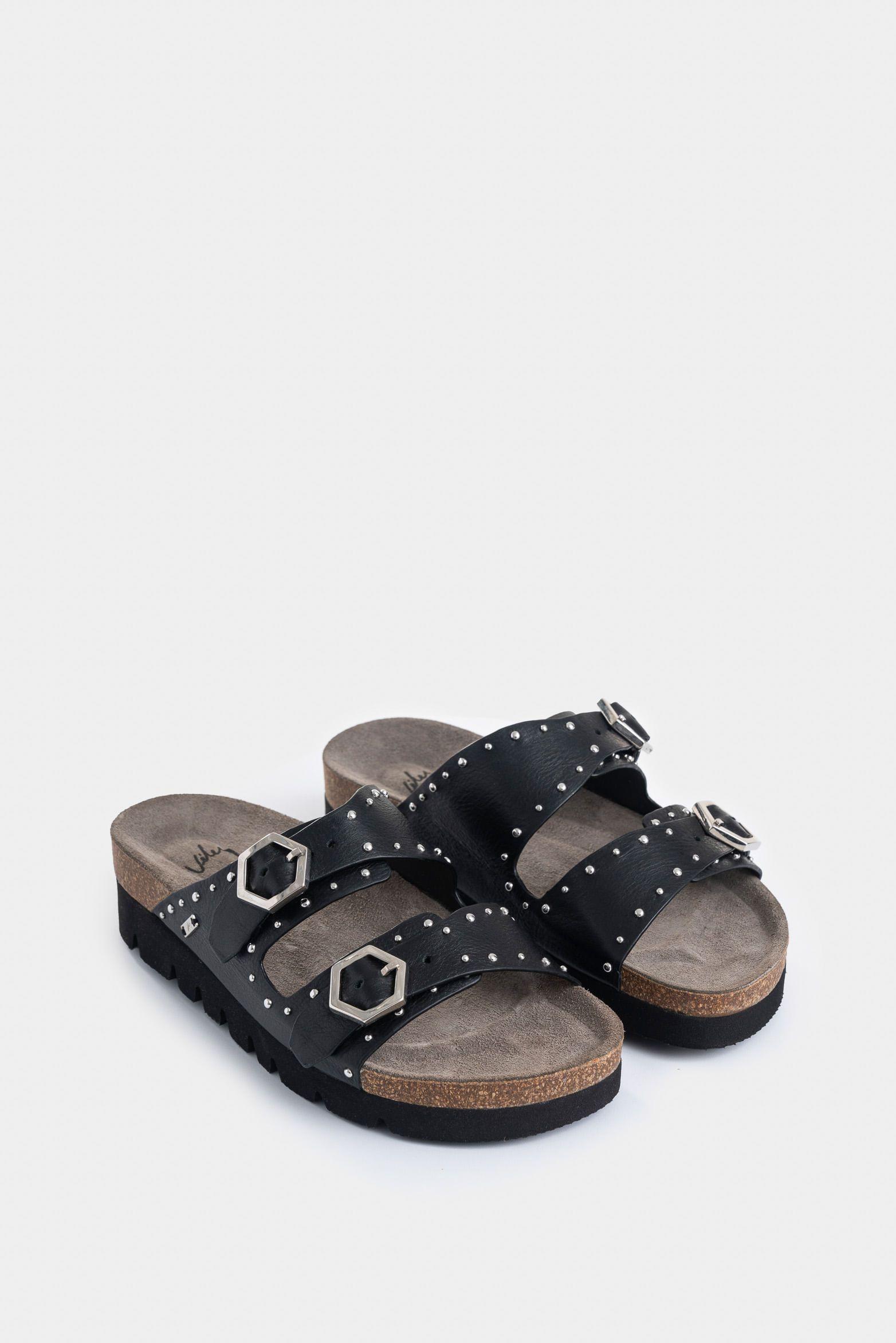 Sandalia plana Hiedra de cuero para mujer tractorada negro-1