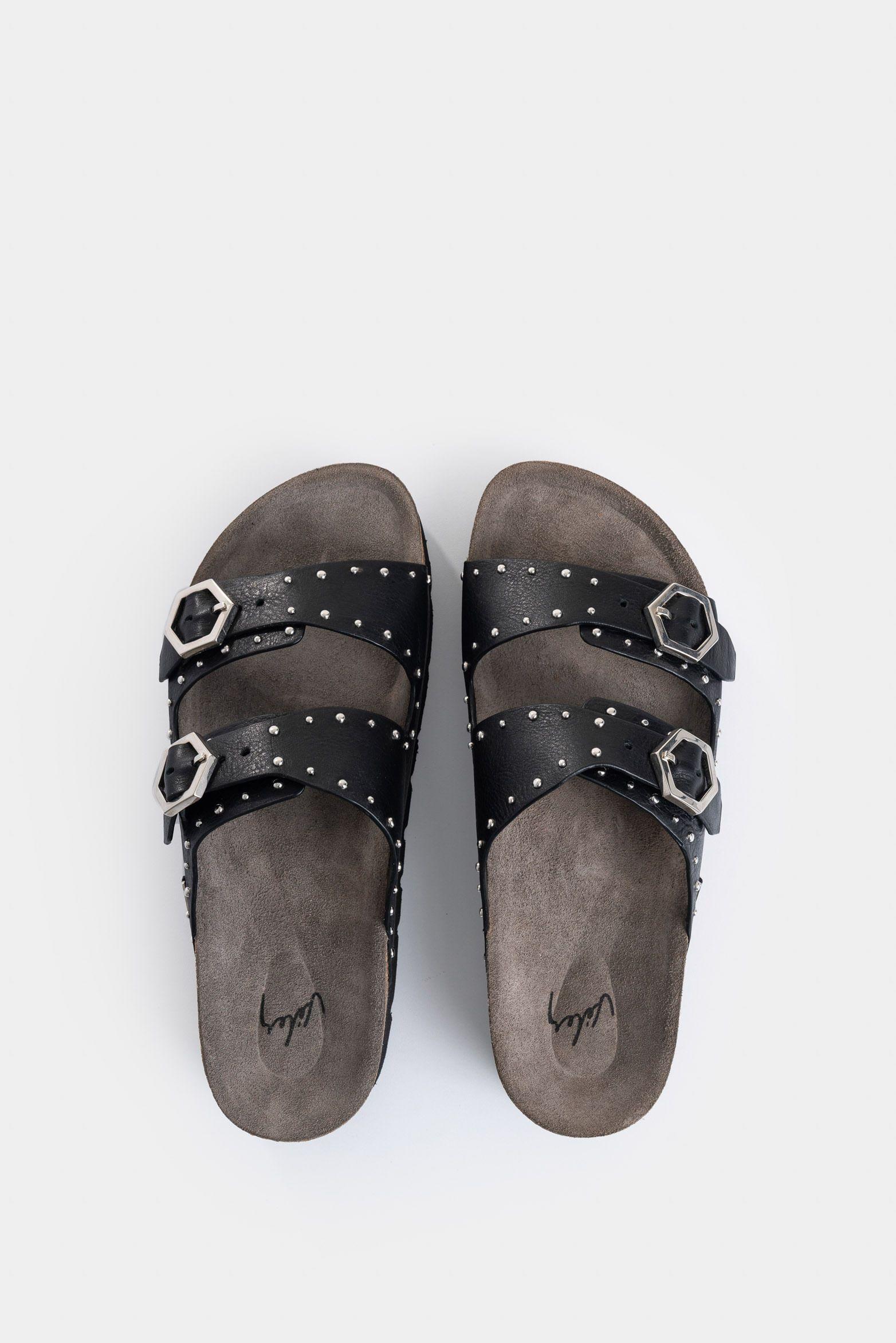 Sandalia plana Hiedra de cuero para mujer tractorada negro-3