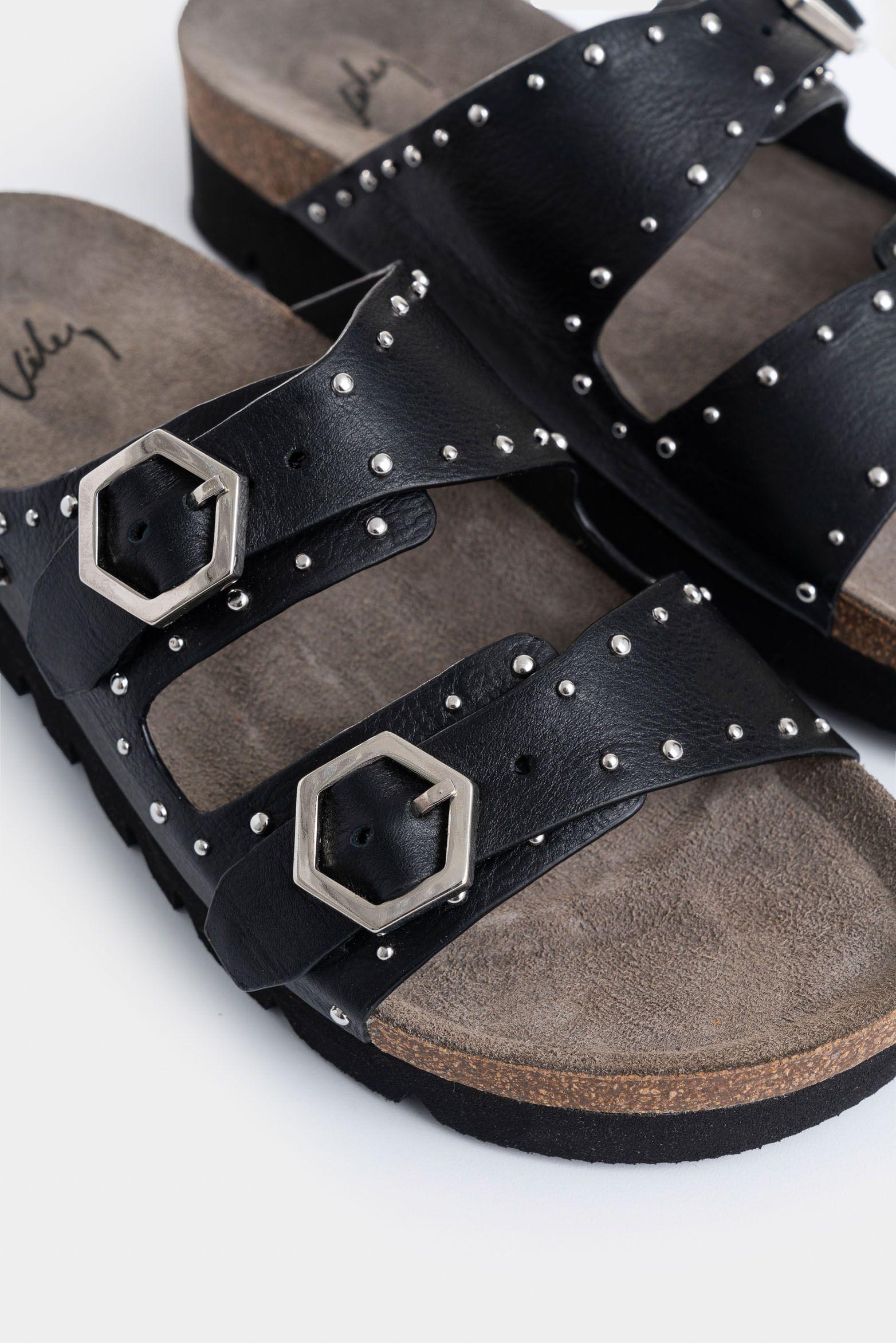 Sandalia plana Hiedra de cuero para mujer tractorada negro-4