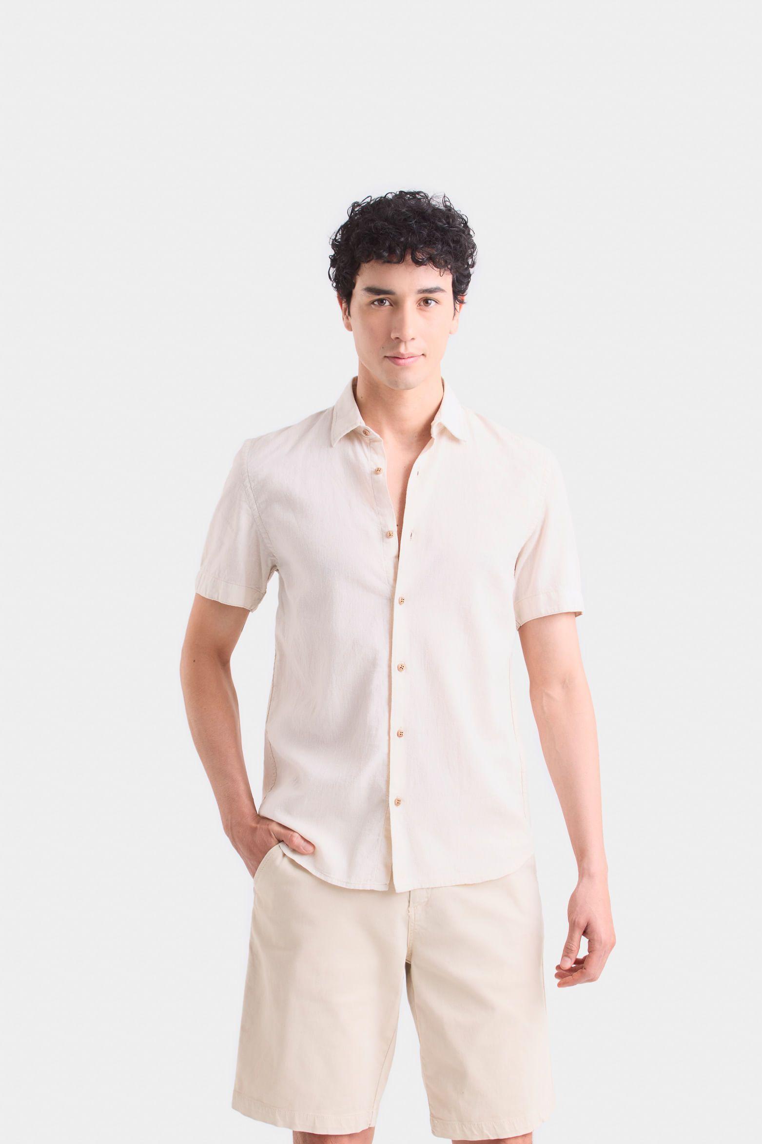 Camisa semi lino caribe para hombre manga corta Arena-0