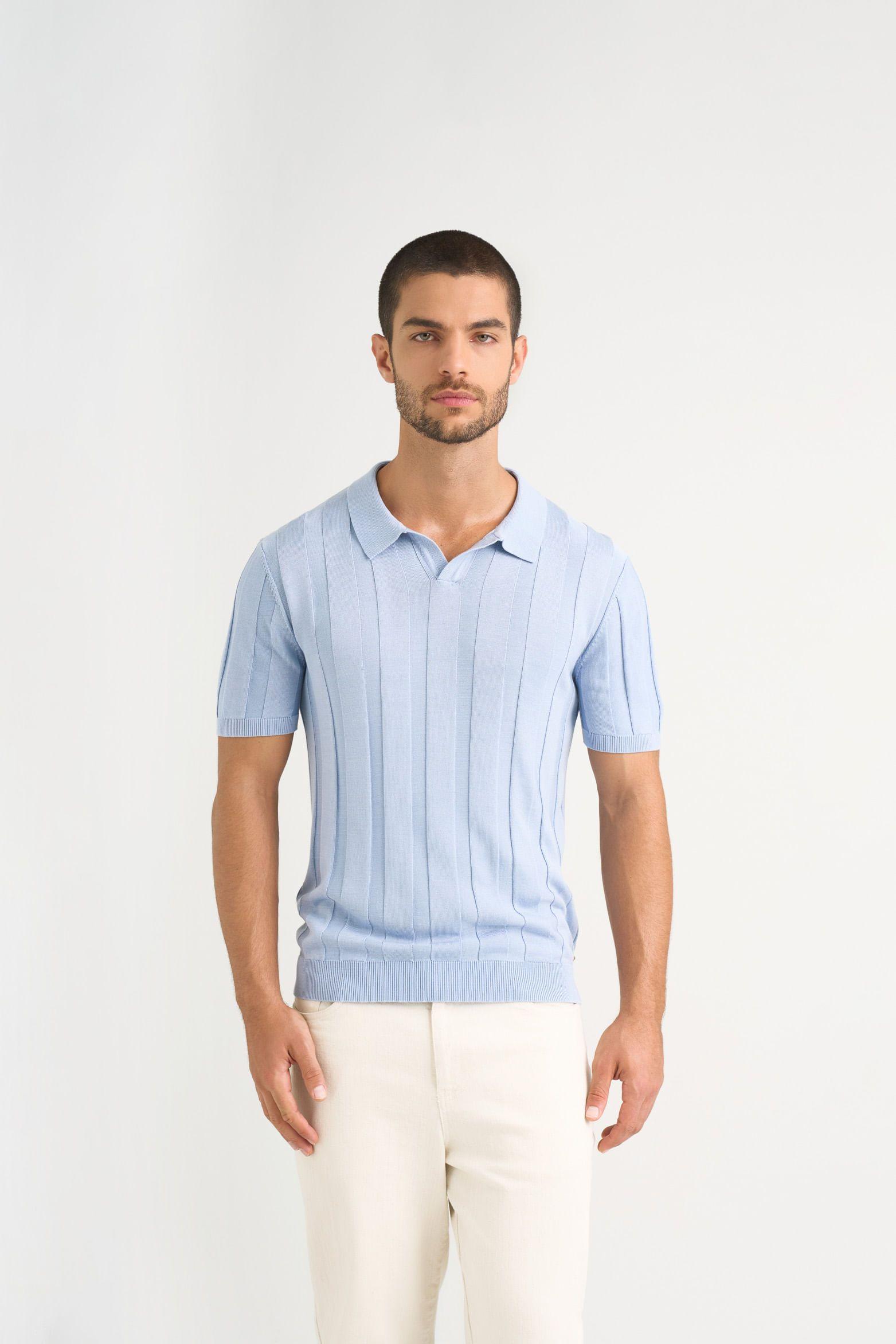 Polera tejida manga corta para hombre franjas Azul Claro-0