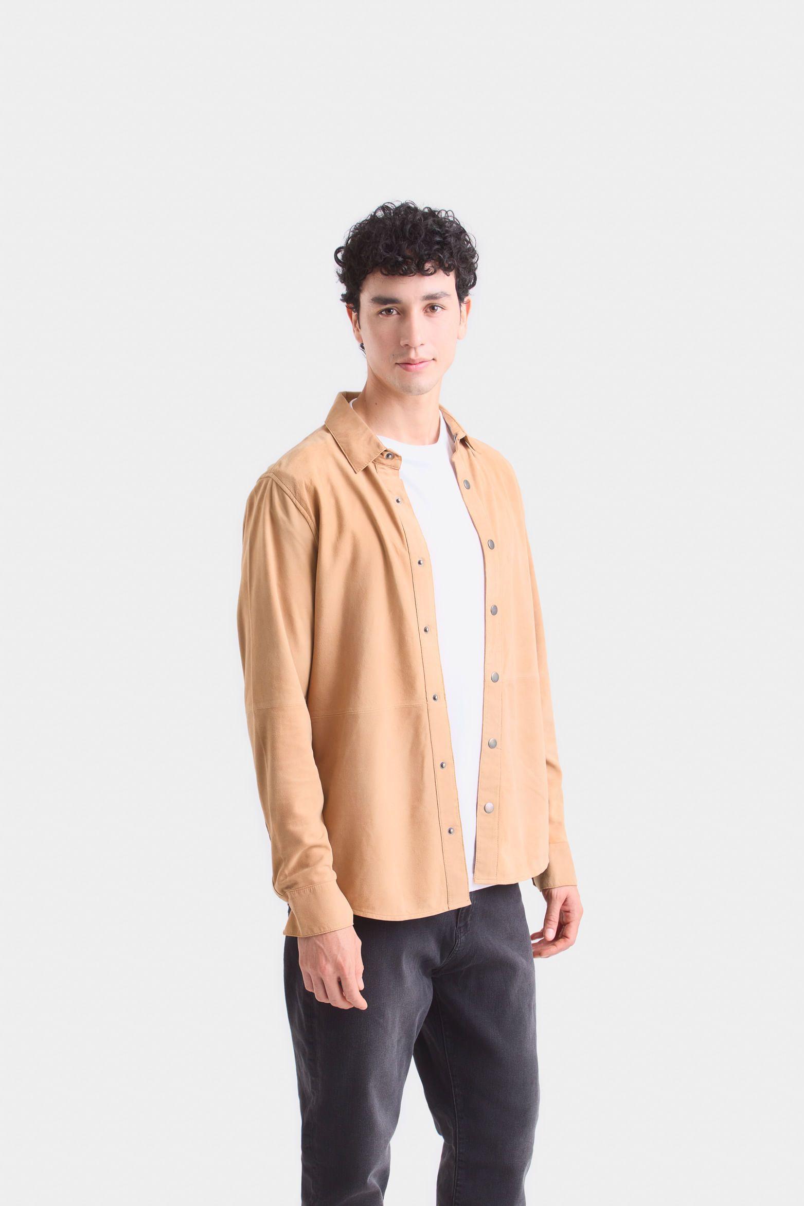 Vélez Camisa Manga Larga Para Hombre Gamuza Camel-2