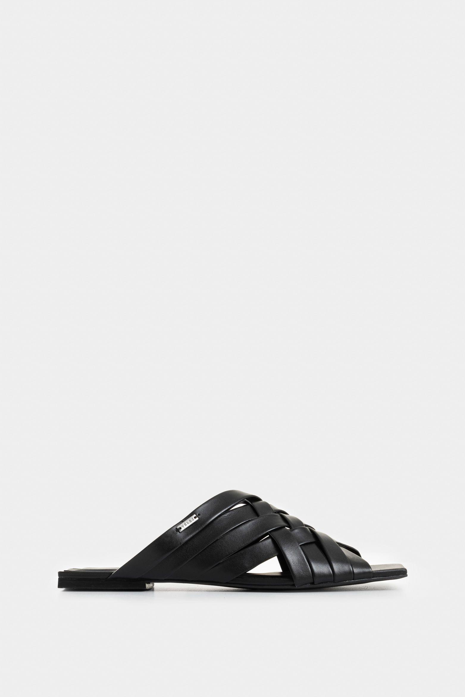 Vélez Sandalia Plana Anastasia De Cuero Mujer Tejida Negro-0