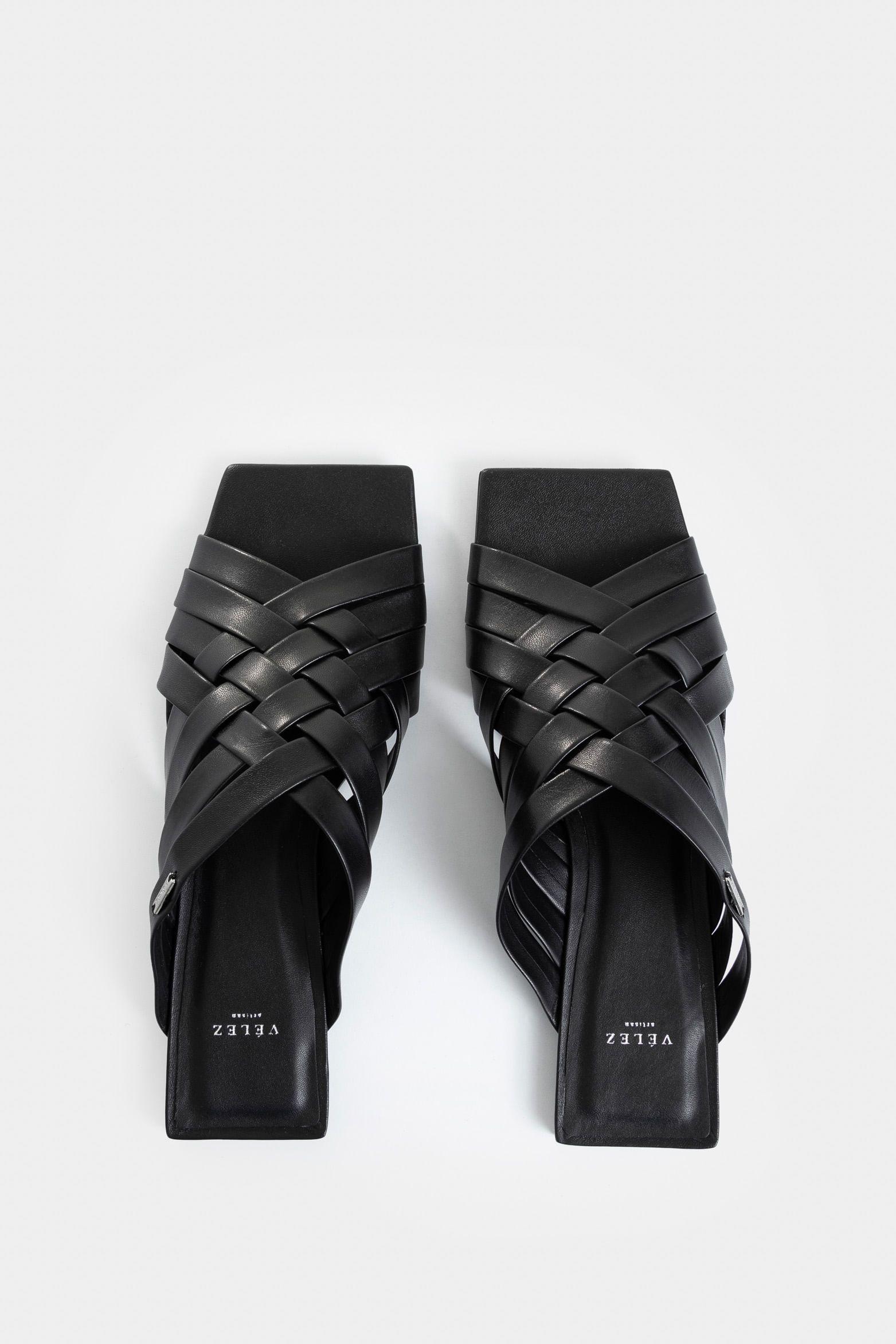 Vélez Sandalia Plana Anastasia De Cuero Mujer Tejida Negro-3