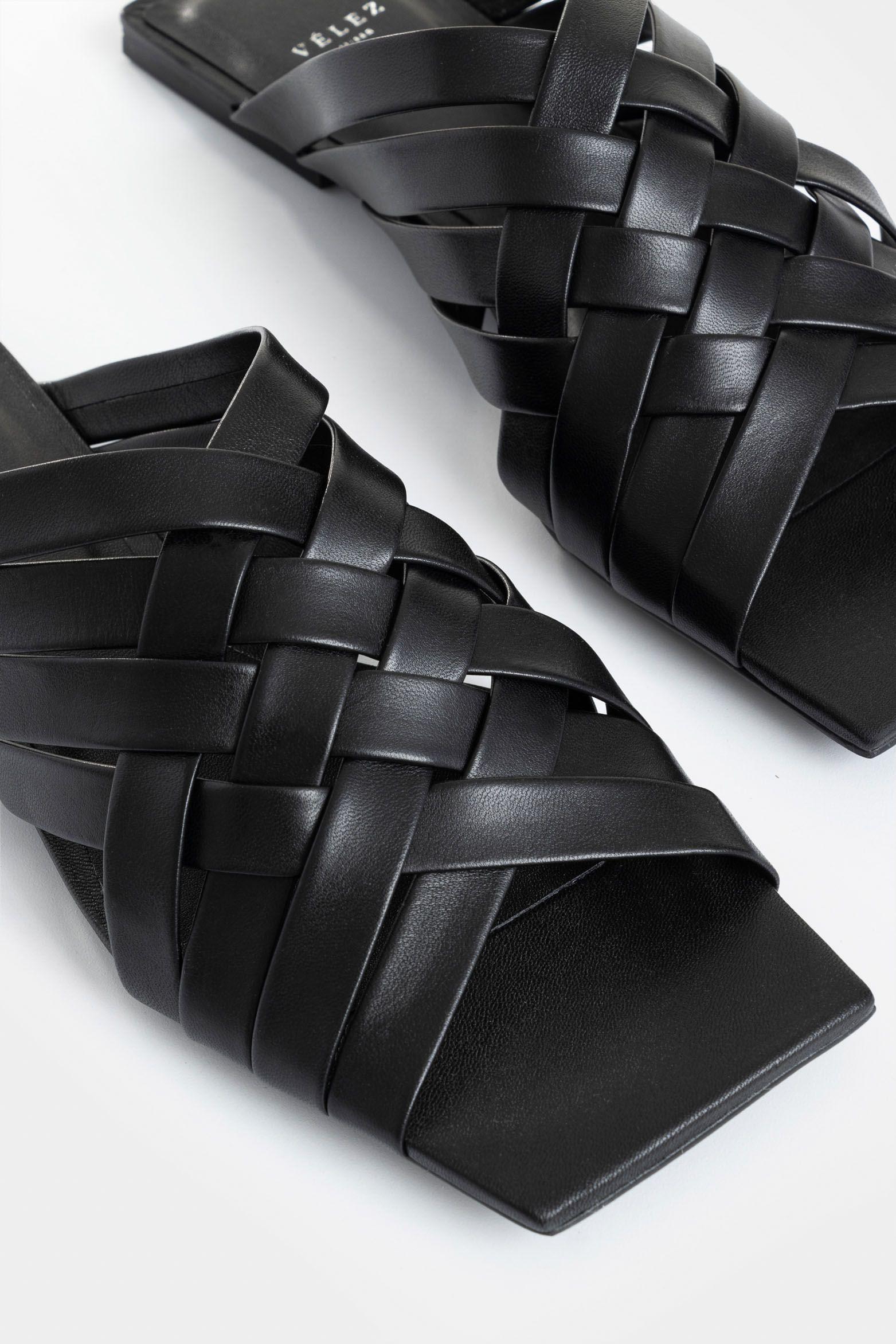 Vélez Sandalia Plana Anastasia De Cuero Mujer Tejida Negro-4