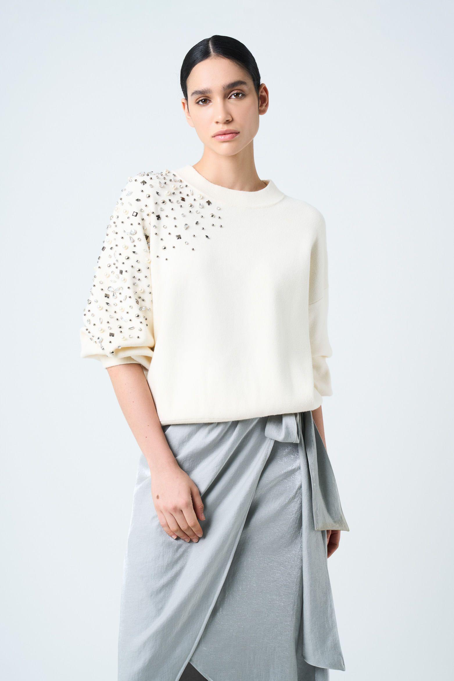 Sweater Ocaso tejido para mujer cristales crema-0