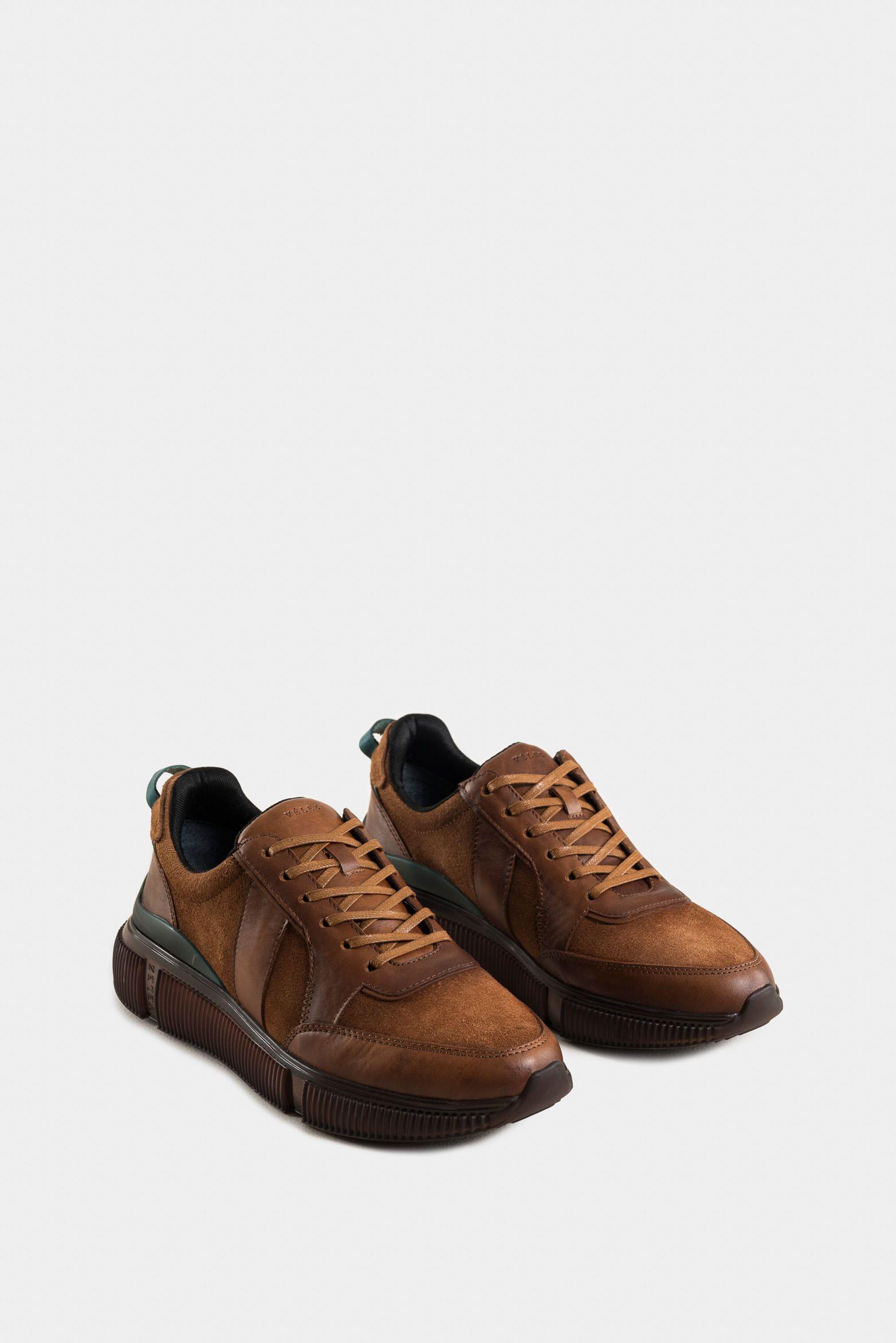 Tenis halo de cuero liso y de textura gamuzada para hombre silueta deportiva miel-1