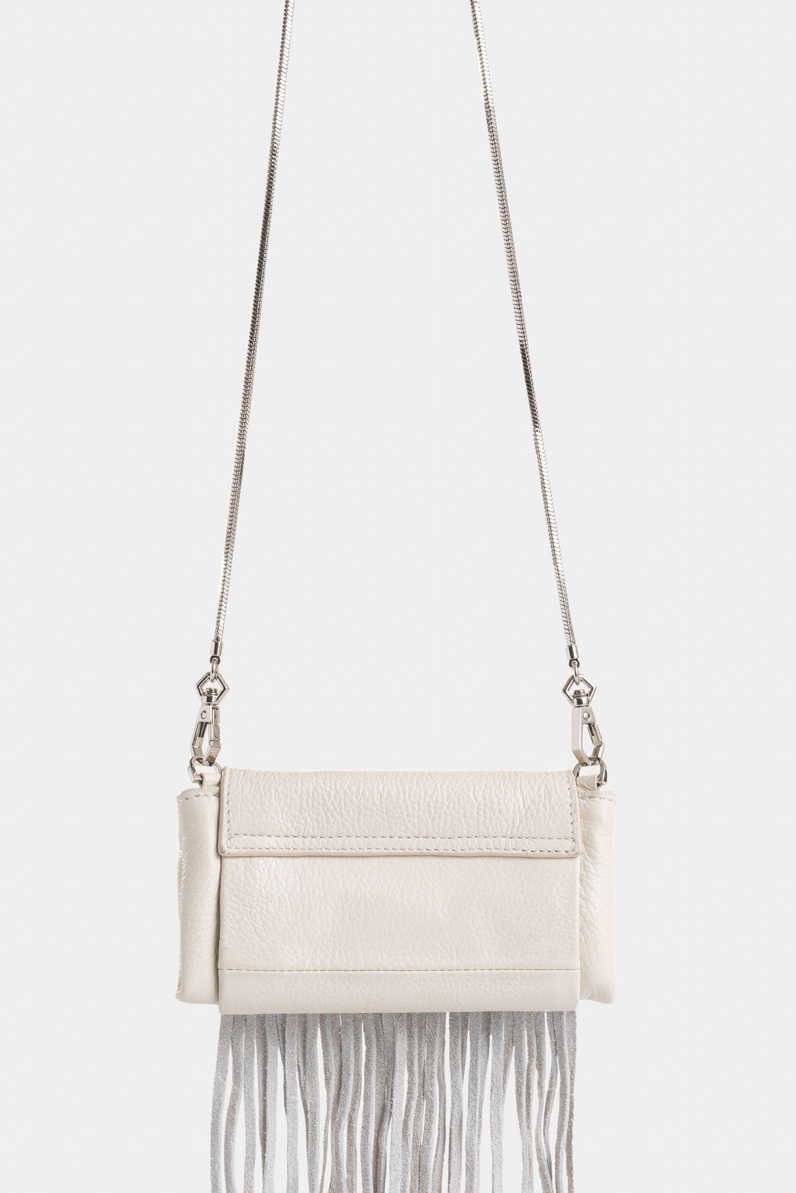 Mini manos libres Tabit de cuero para mujer flecos blanco-2