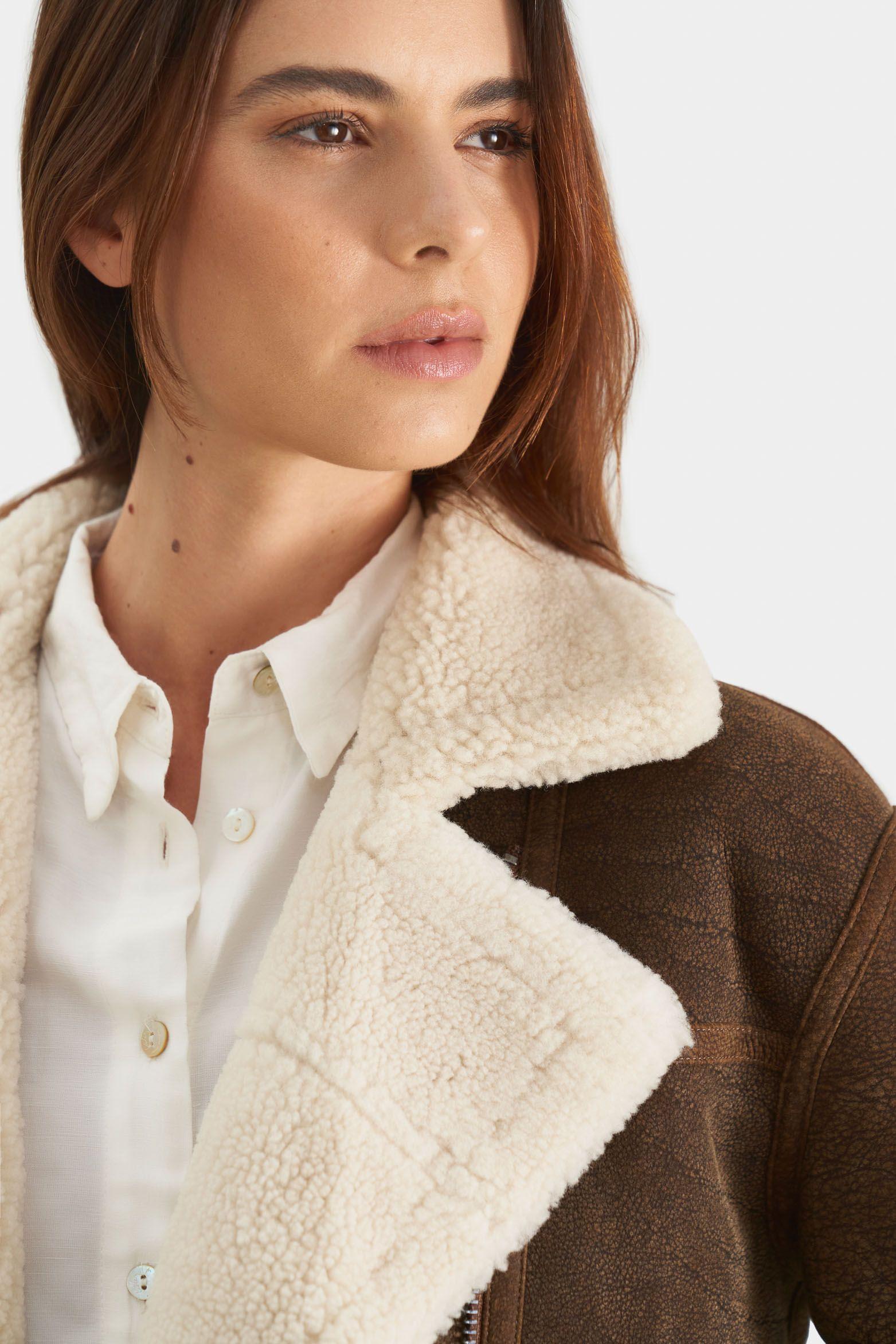 Chaqueta aviator de cuero ovino y lana para mujer acabado nobuck Cafe-1