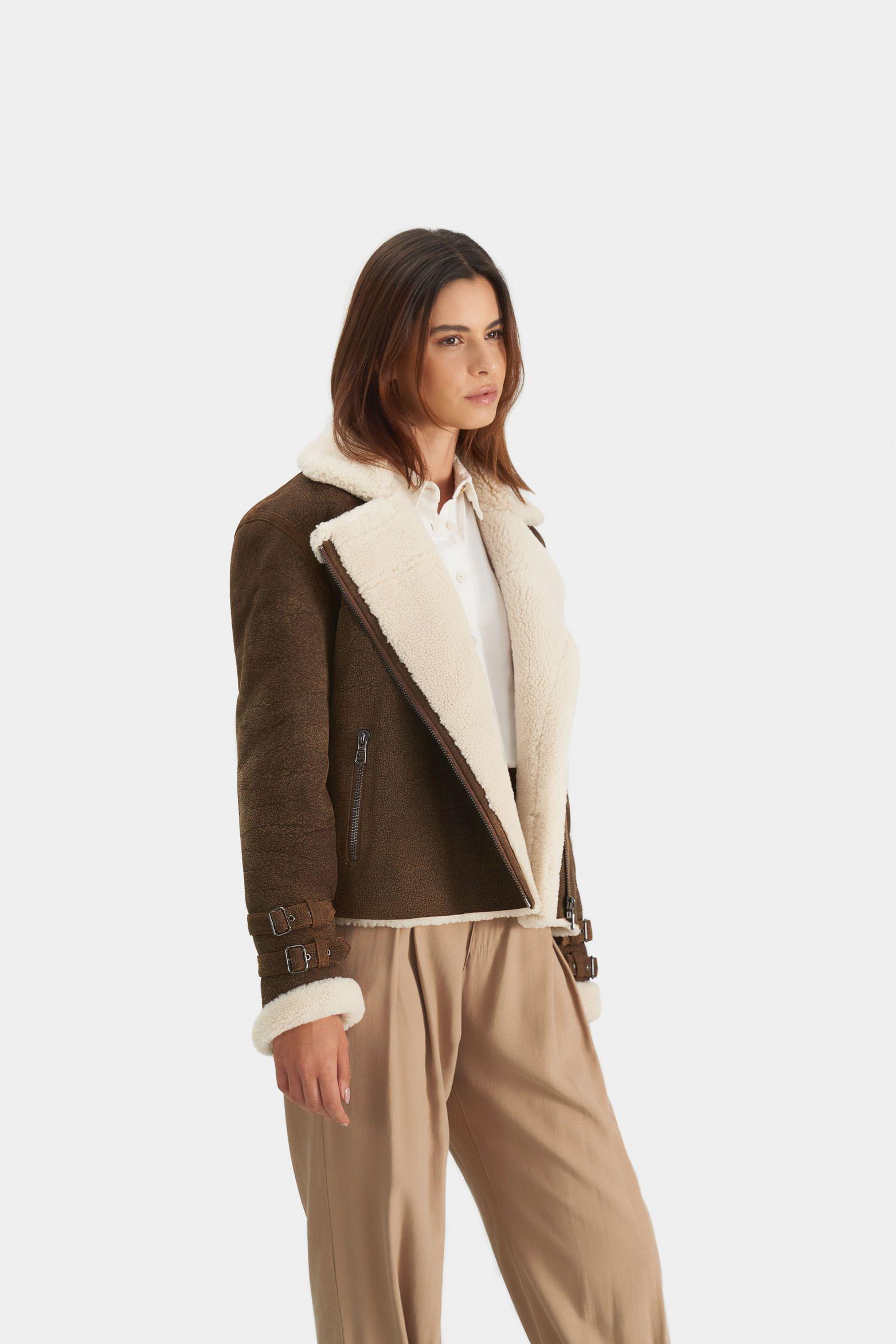 Chaqueta aviator de cuero ovino y lana para mujer acabado nobuck Cafe-2