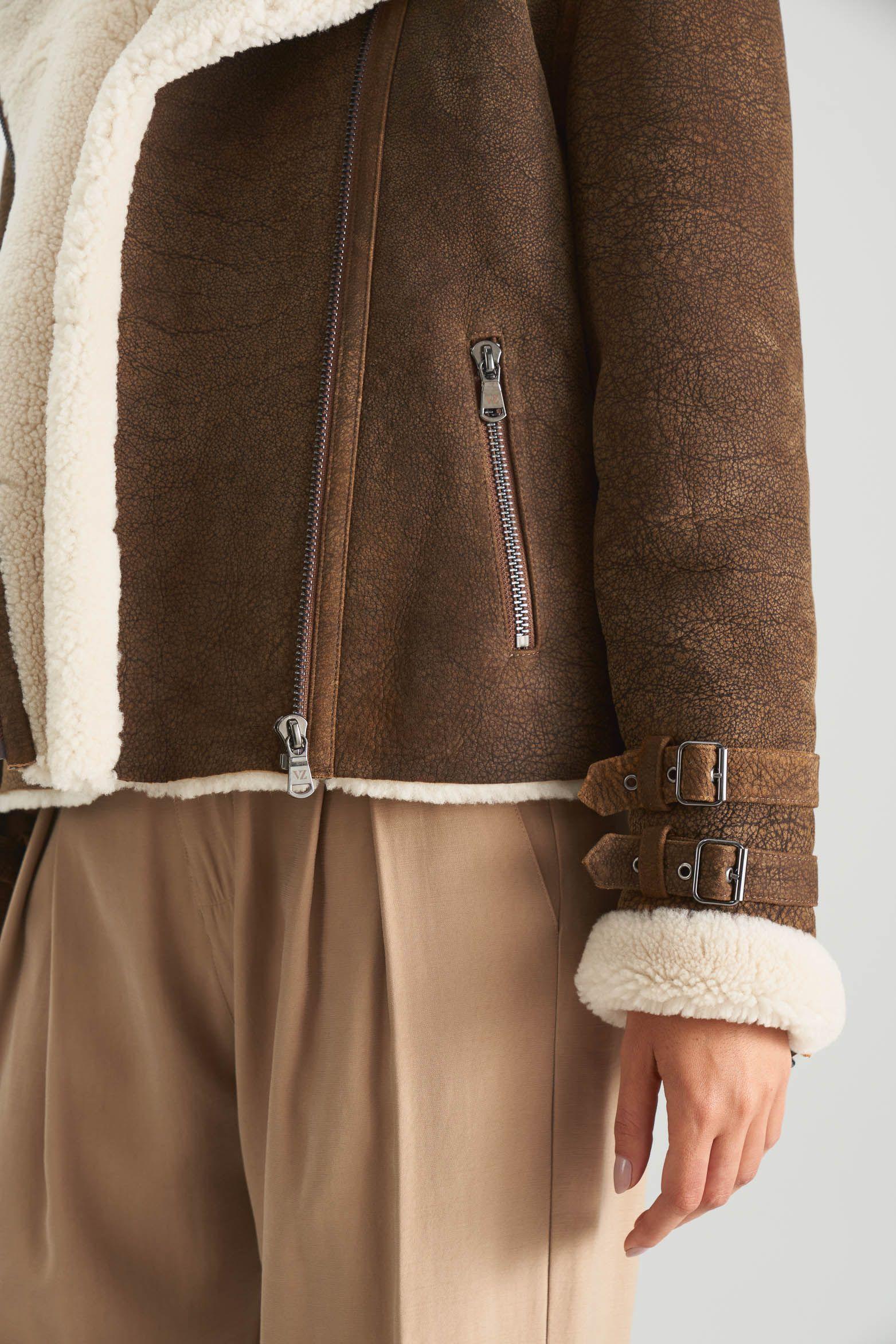 Chaqueta aviator de cuero ovino y lana para mujer acabado nobuck Cafe-3
